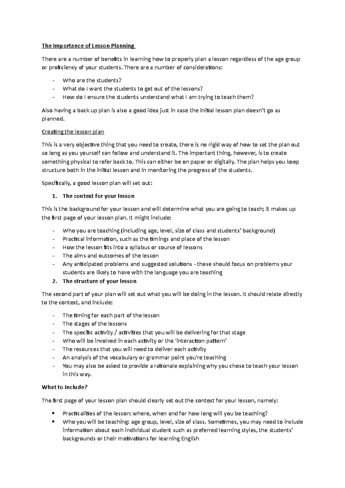 The Importance Of Lesson Planning There Are A Number Of