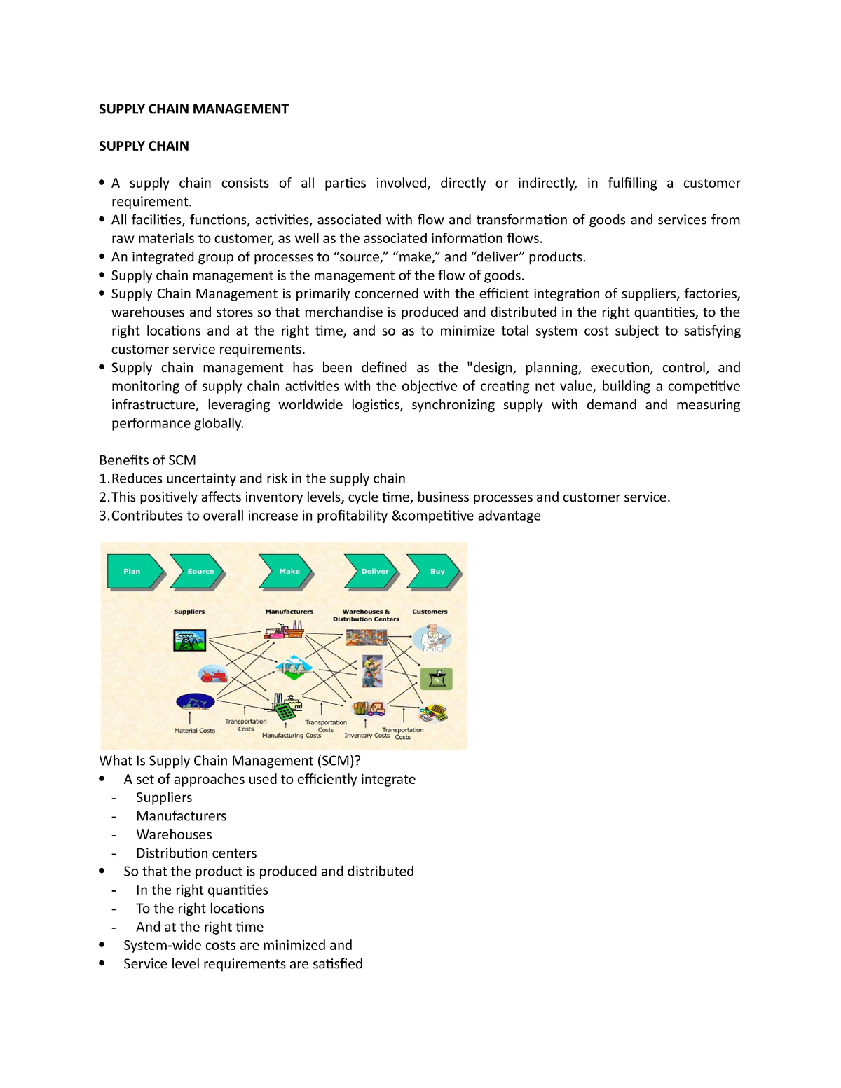 SCM - SUPPLY CHAIN NOTES - SUPPLY CHAIN MANAGEMENT SUPPLY CHAIN A ...