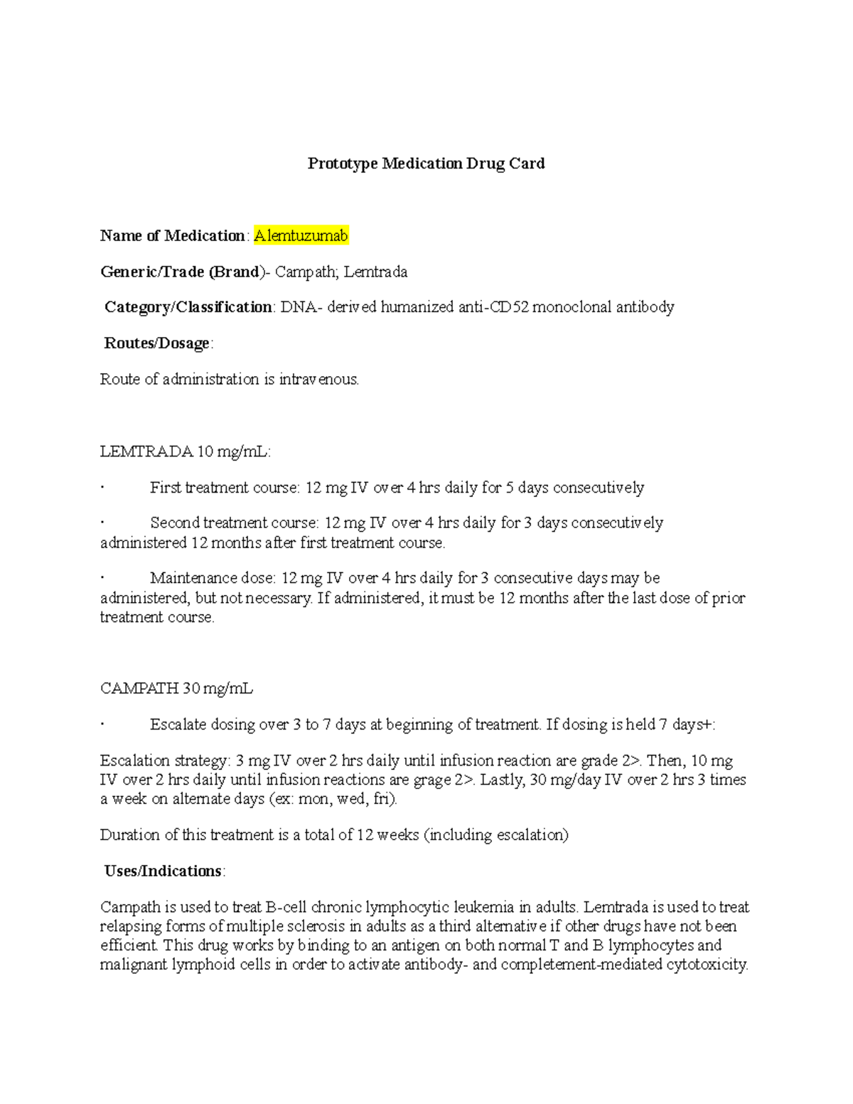 Chapter 14 Prototype Medication Card Prototype Medication Drug Card