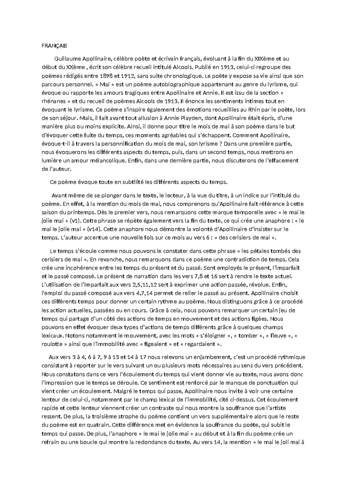Français - Correction: explication de texte d'Apollinaire - FRANÇAIS ...