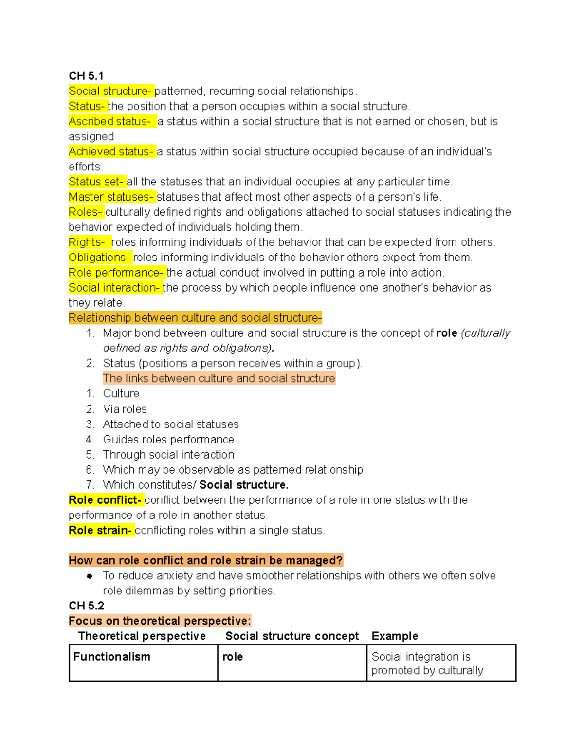 Chapter 5 - class notes - CH 5. Social structure- patterned, recurring ...