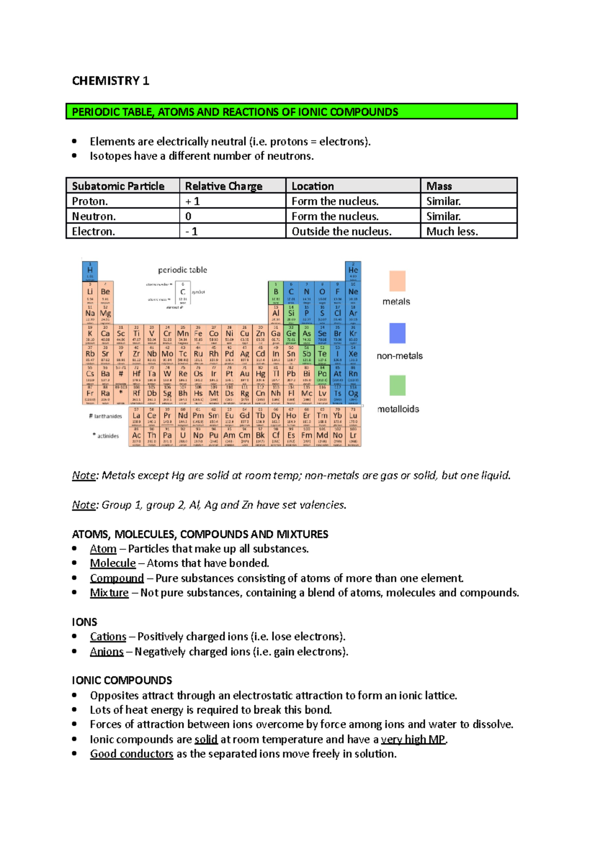 Chem 1 - Lecture one notes - CHEMISTRY 1 PERIODIC TABLE, ATOMS AND ...