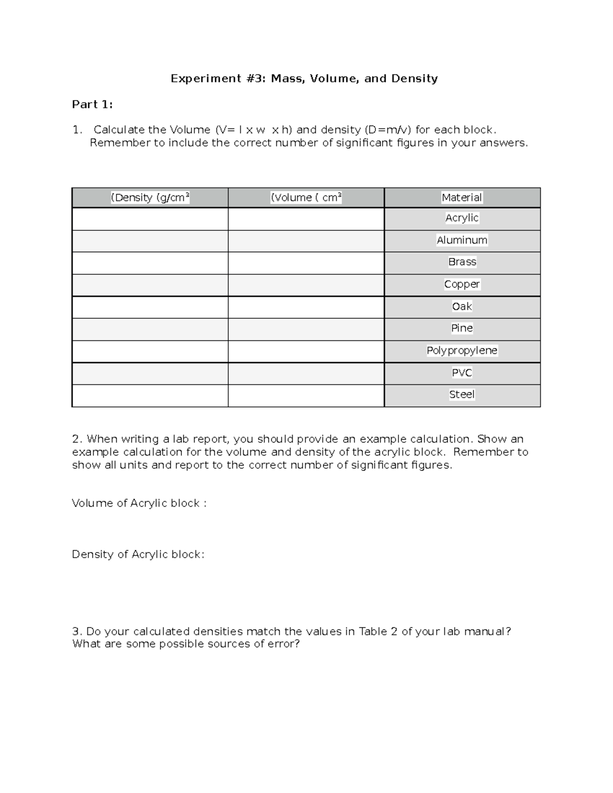 101 Lab 3 Analysisw This Is Lab 3 For Chem201 Experiment 3 Mass