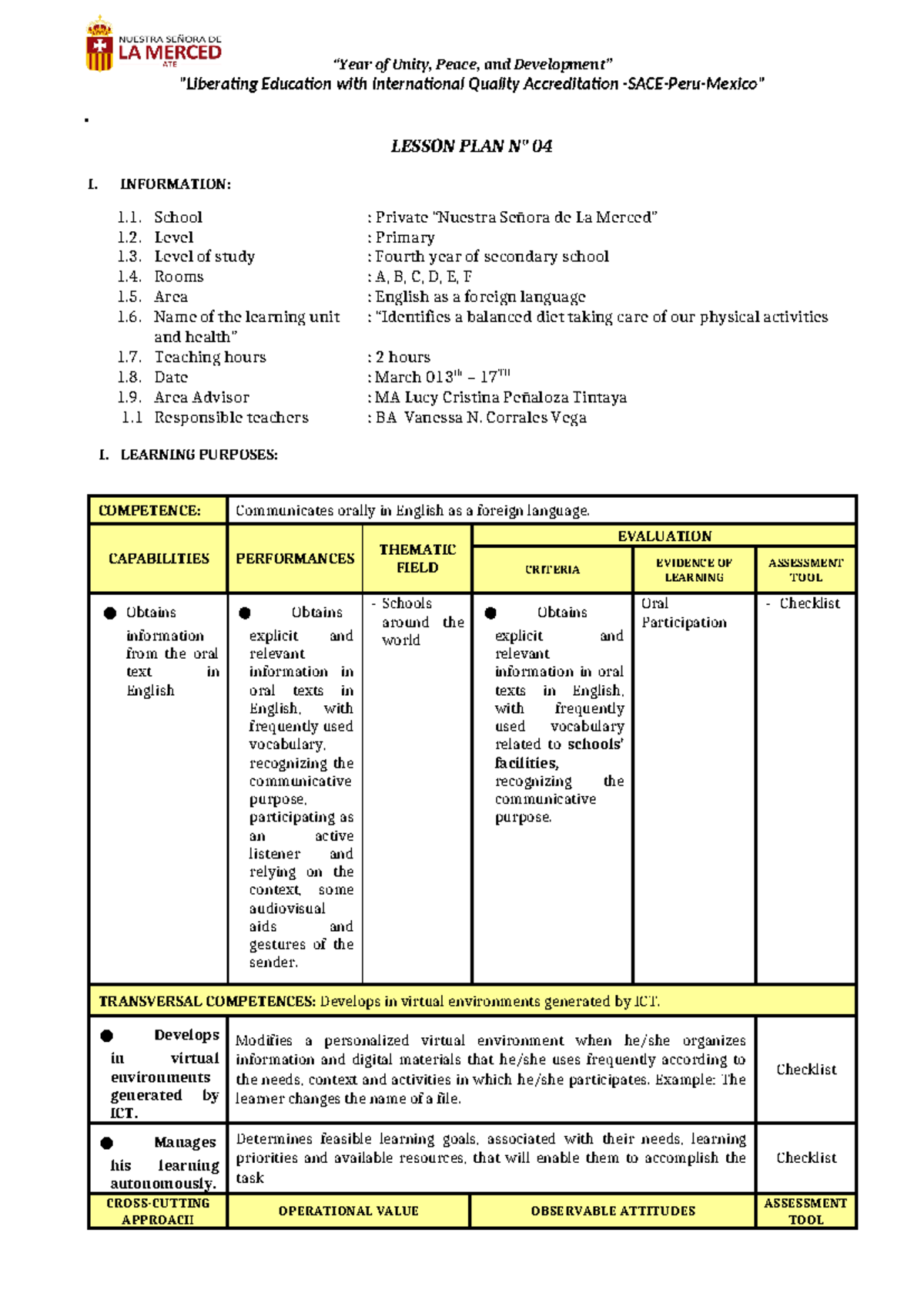 I TERM Lesson PLAN 04 05 06 UNIT 01 5TH Grade Corrales - 