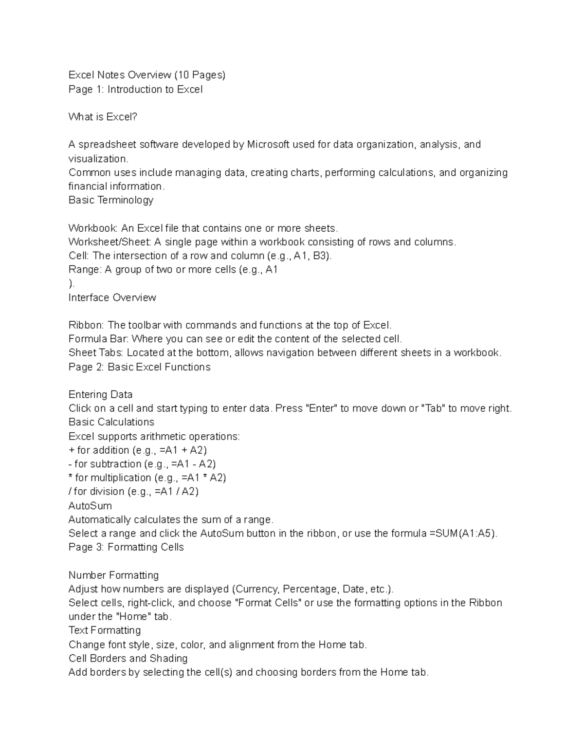 How to Excel - p notes - Excel Notes Overview (10 Pages) Page 1 ...