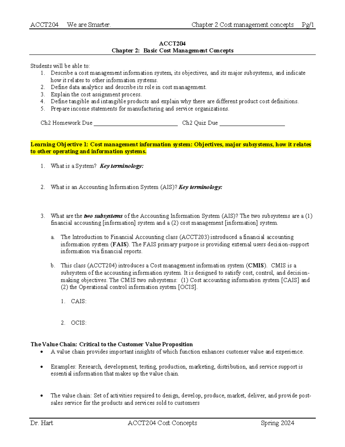 Acct 204 chapter 2 - ACCT Chapter 2: Basic Cost Management Concepts ...