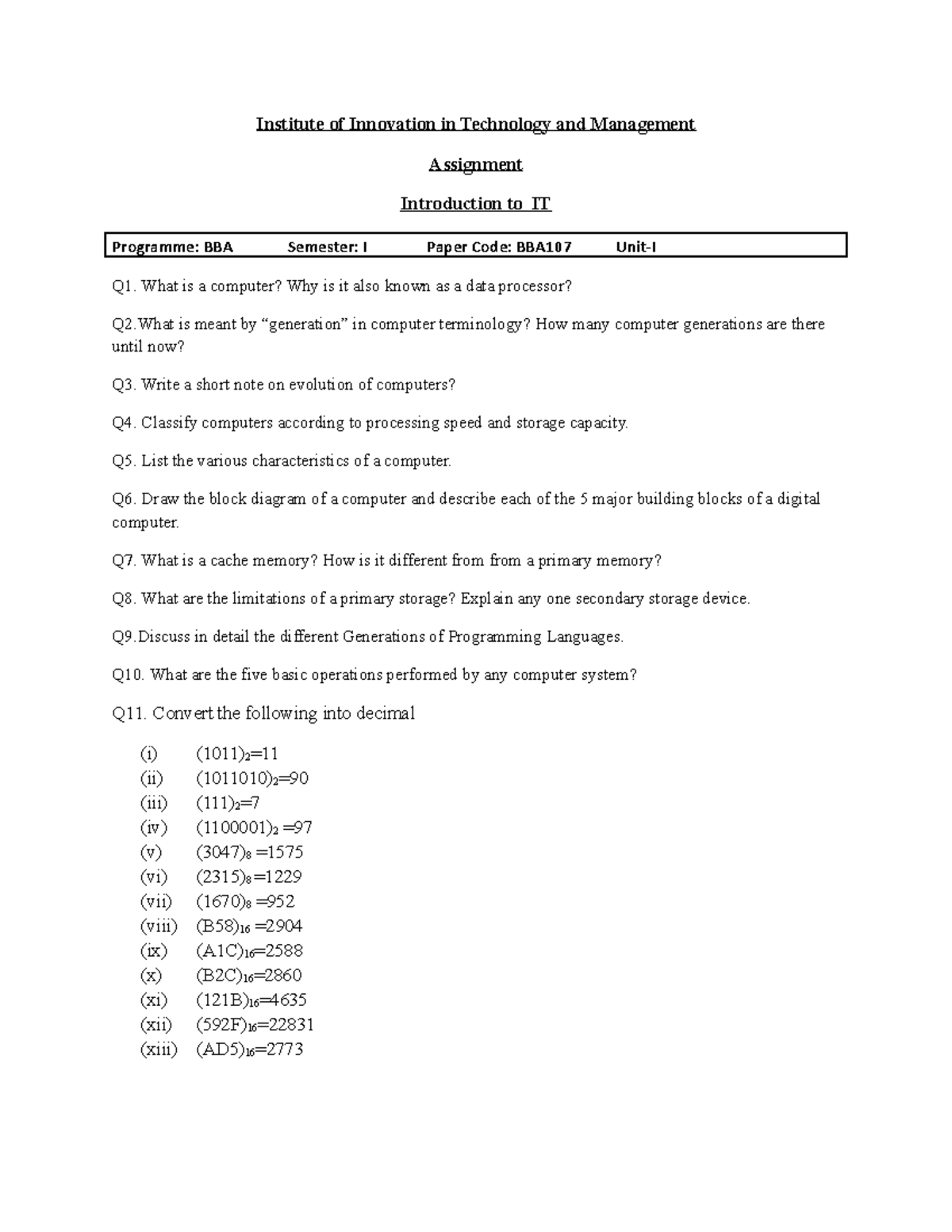 Assignment 1 (UNIT 1) - BBA NOTES - Institute of Innovation in ...