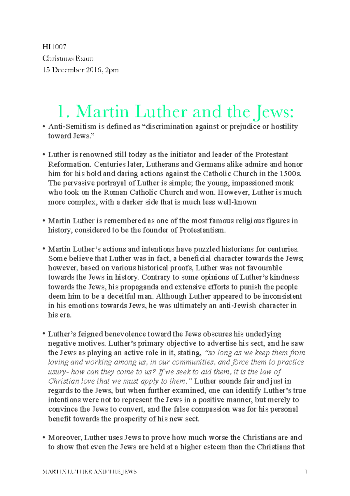 Martin luther and the jews hi christmas exam 15 december 2016 2pm 1