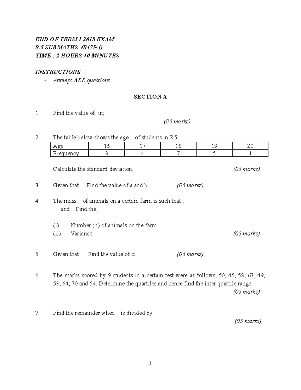 Submath - Details - END OF TERM I 2018 EXAM S SUBMATHS (S475/1) TIME ...