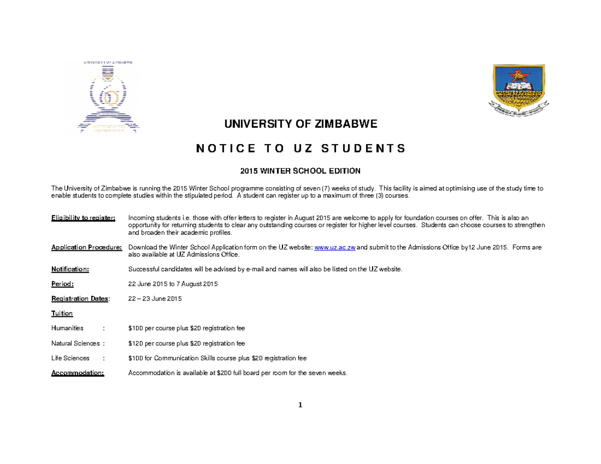 2015 Winter School Schedule - 1 UNIVERSITY OF ZIMBABWEN O T I C E T O U