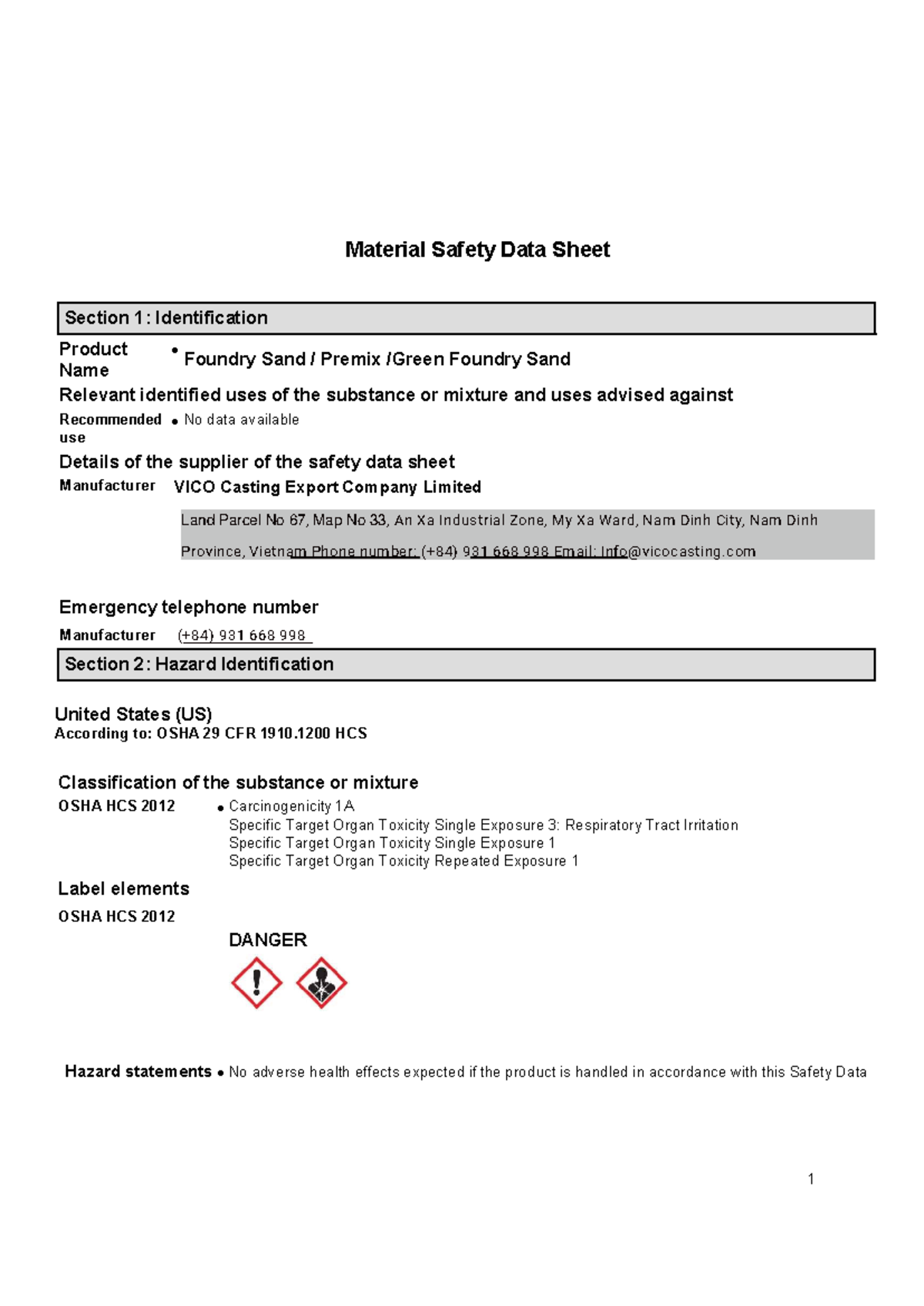 MSDS Foundry Sand for sample 2024 VICO 1 - Section 1: Identification ...