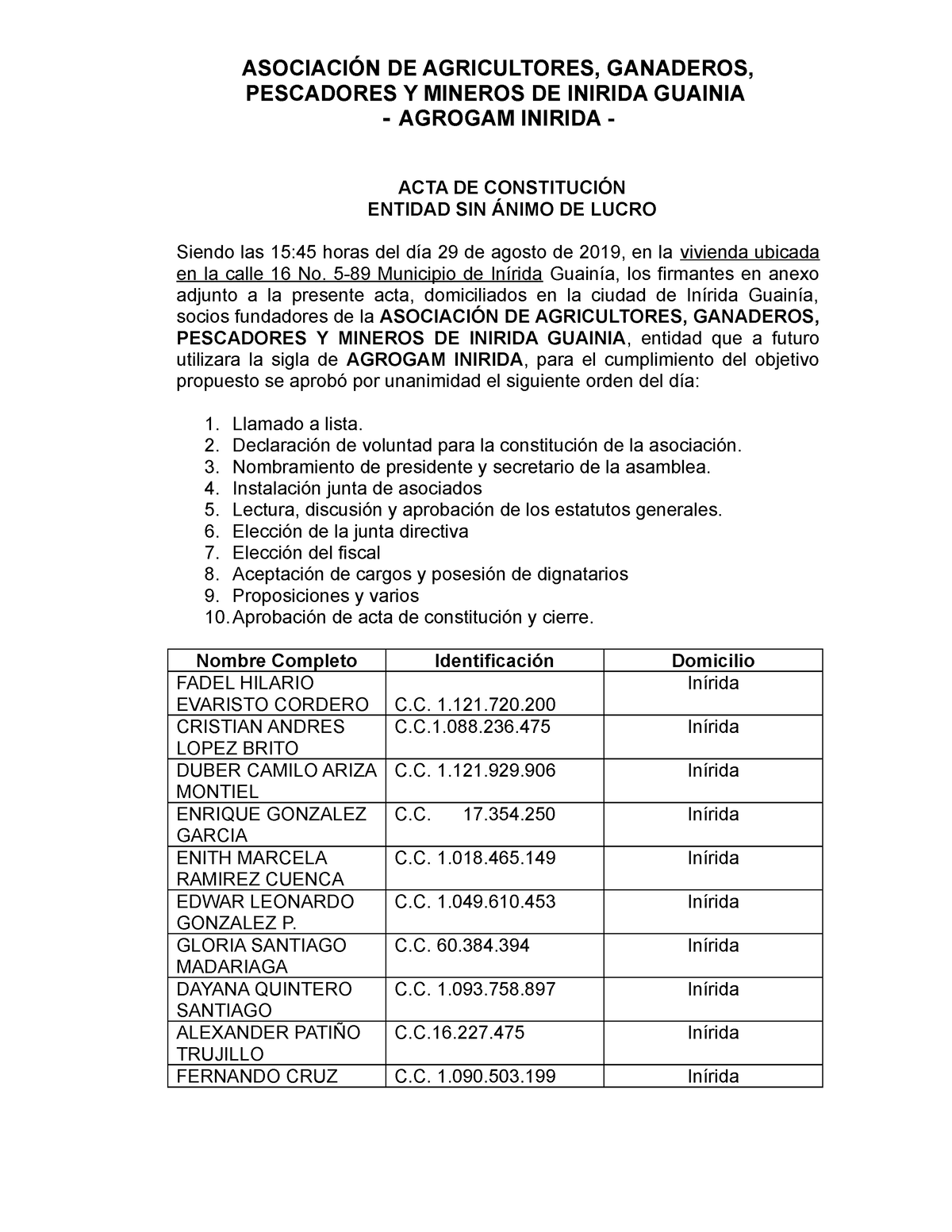 ACTA DE Constitucion DE Asociación octubre 16 - PESCADORES Y MINEROS DE  INIRIDA GUAINIA - AGROGAM - Studocu