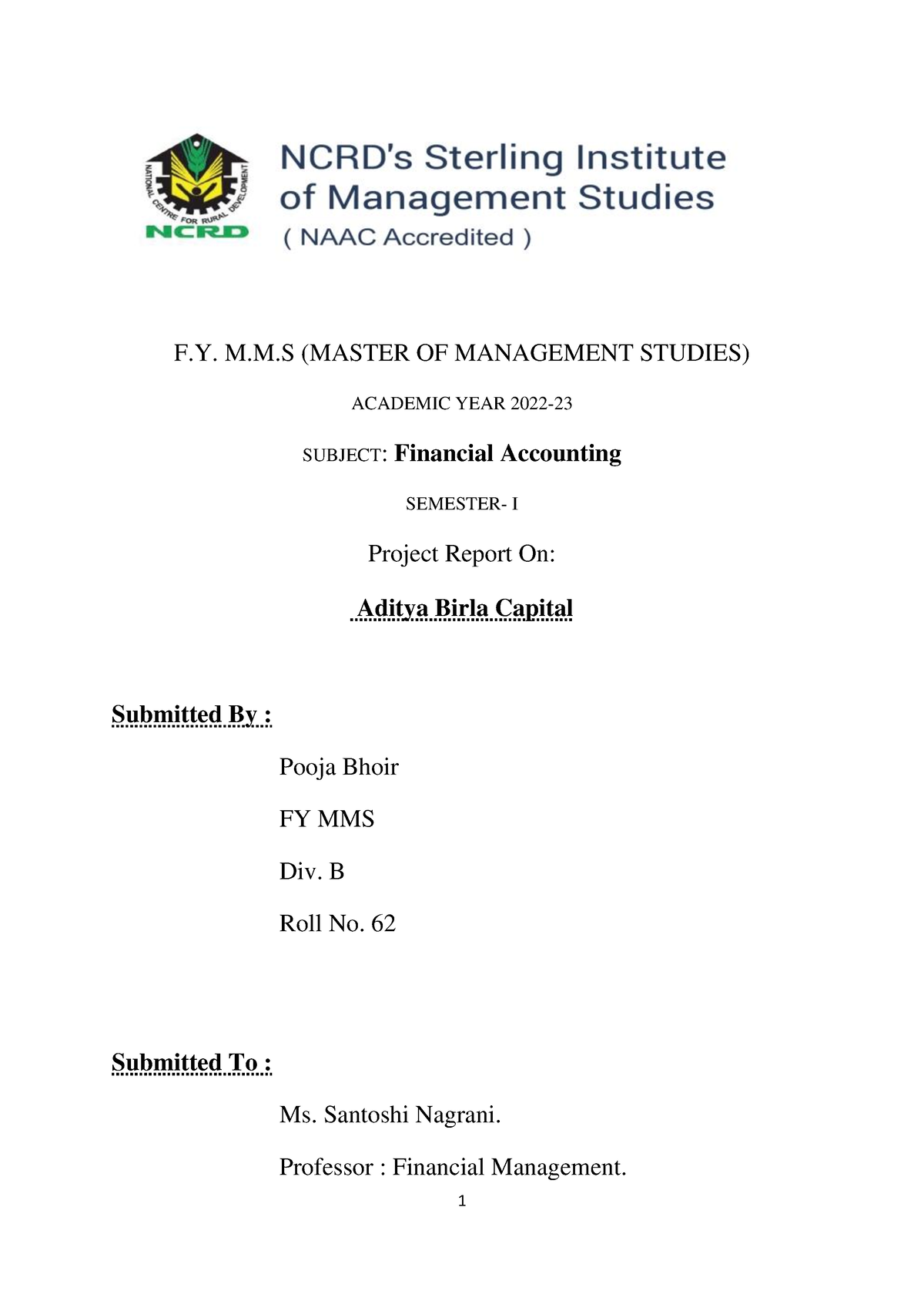 Fa Main Project Pdf - F. M.m (master Of Management Studies) Academic 