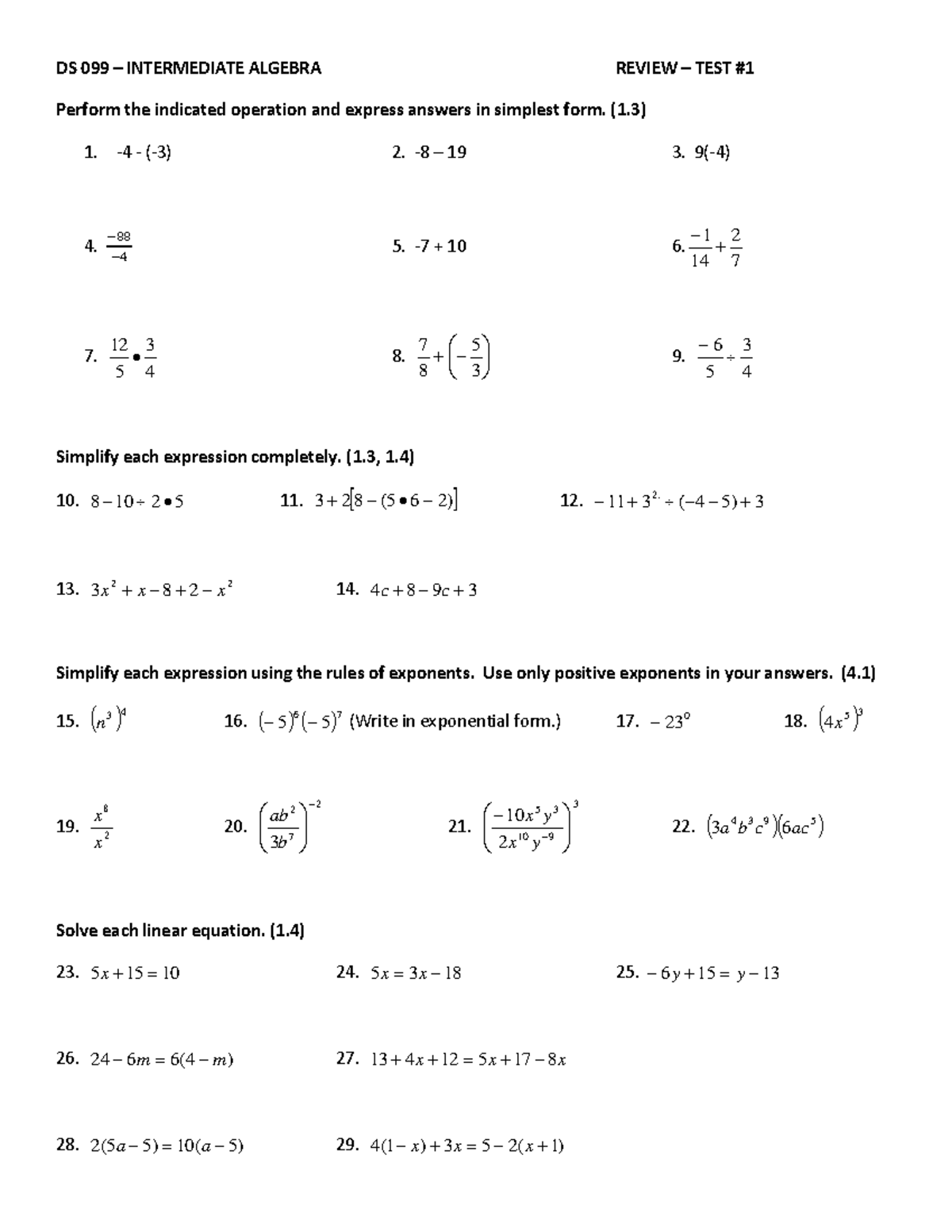 Test 1 Review Sheet - hey - DS 099 – INTERMEDIATE ALGEBRA REVIEW – TEST ...