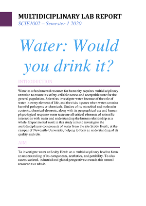 SCIE 1002 Multidisciplinary Laboratory Report Water - would you drink ...