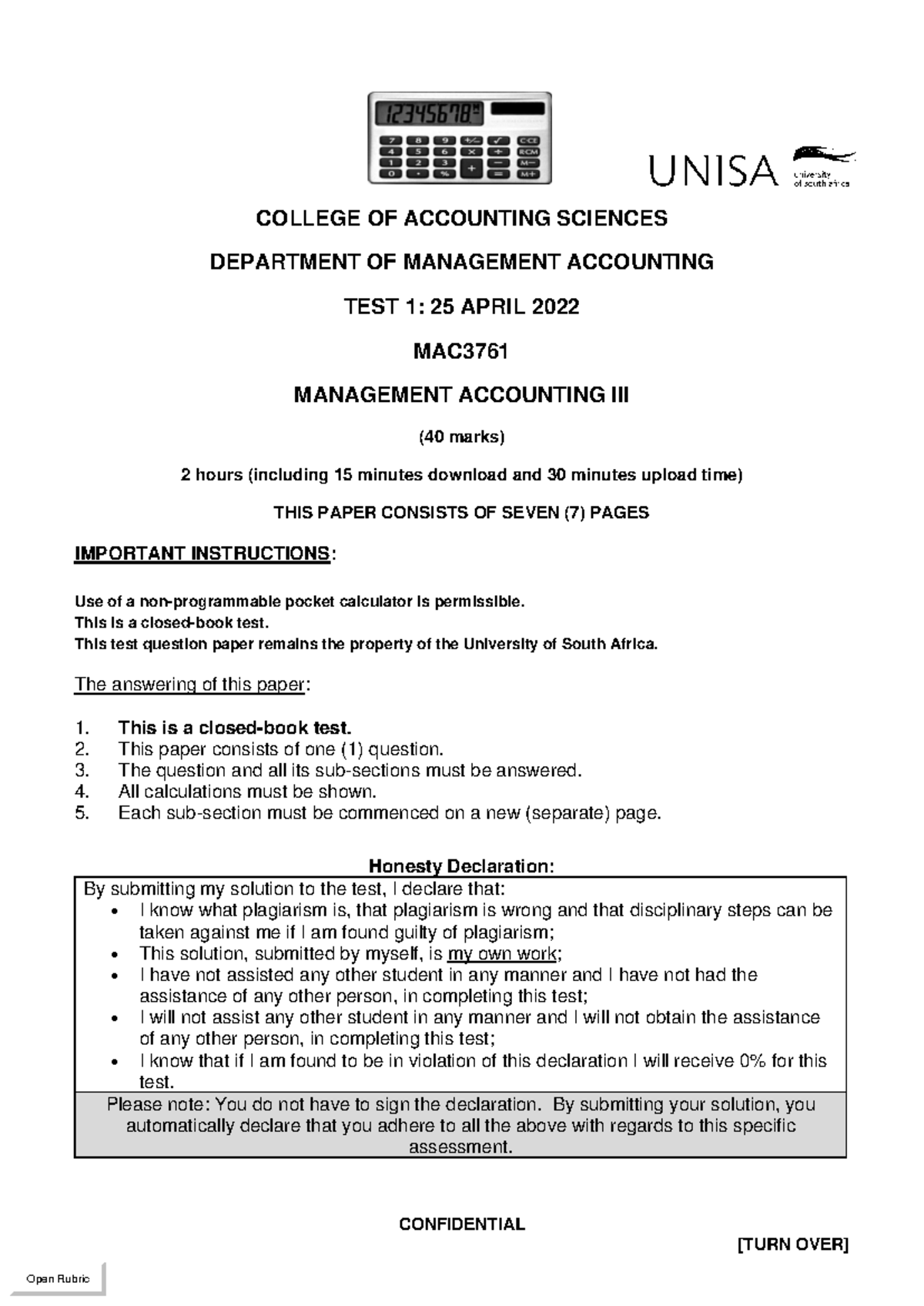 MAC3761 Test 1 April 2022 Question Paper - CONFIDENTIAL [TURN OVER ...