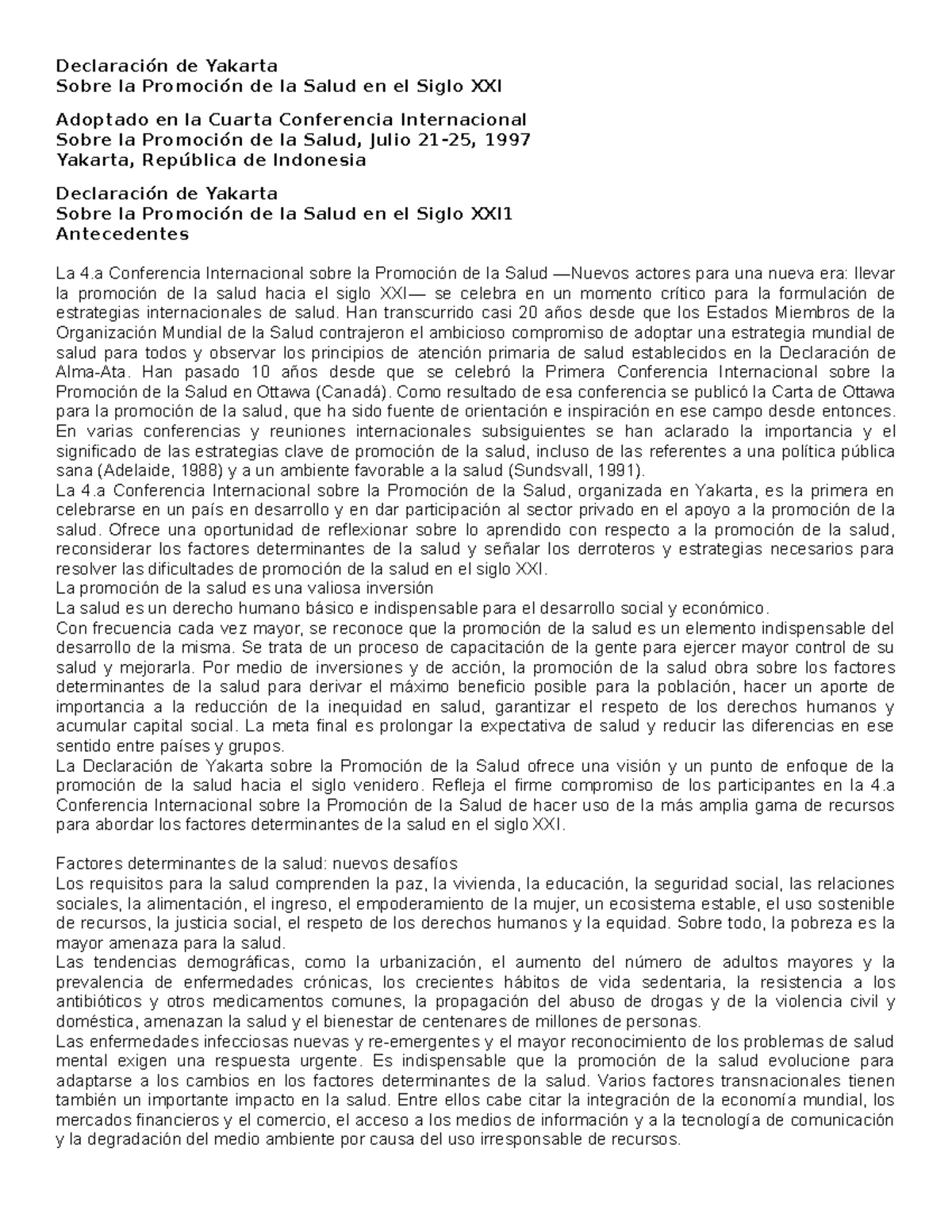 Declaración de Yakarta de Yakarta Sobre la de la Salud en el Siglo