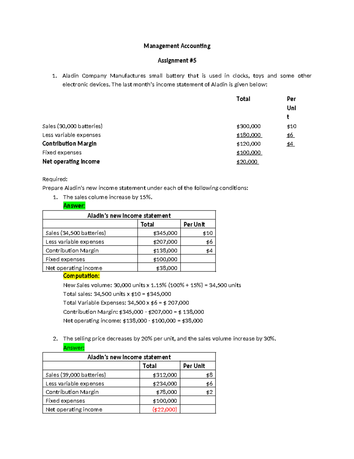 Activity 005 with answers - Management Accounting Assignment # Aladin ...
