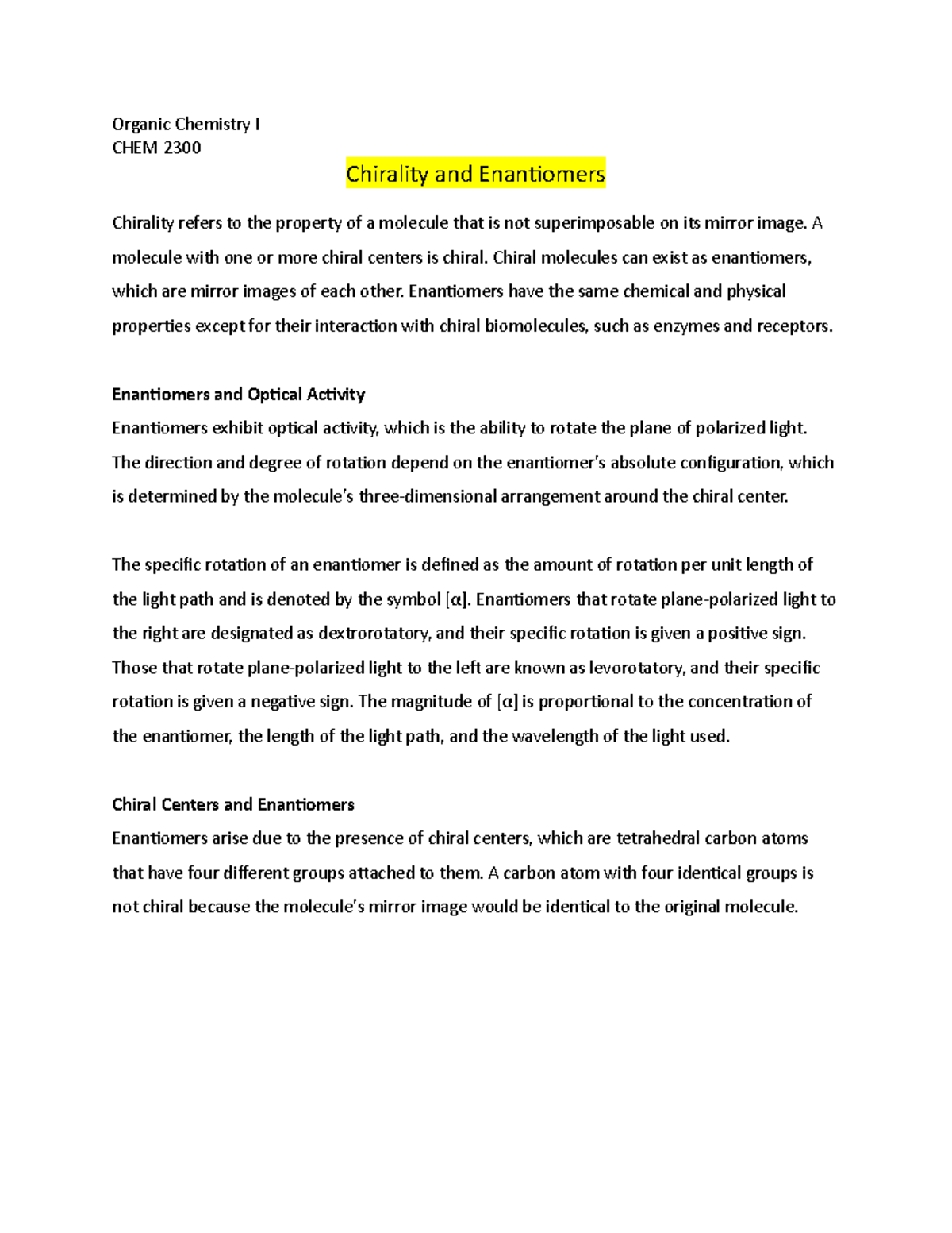 Organic Chemistry Chirality and Enantiomers - Organic Chemistry I CHEM ...