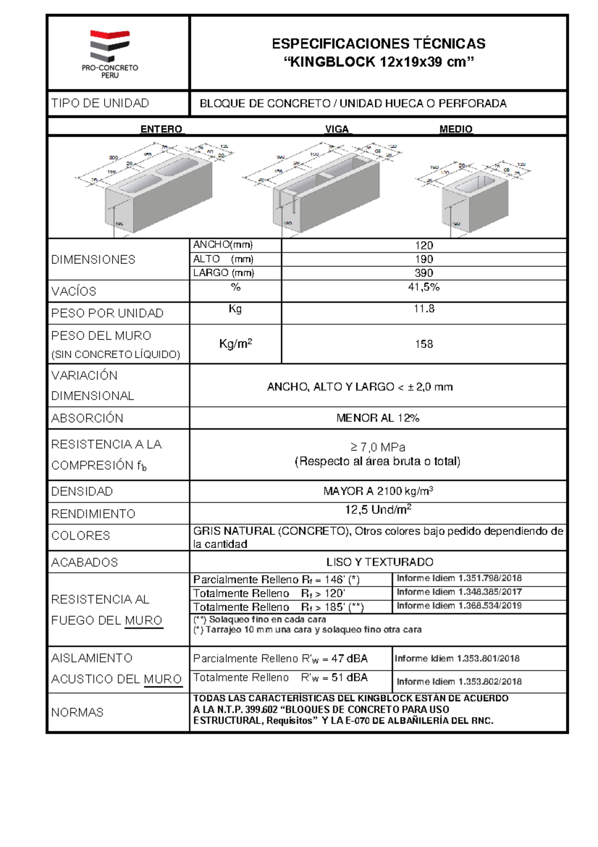 Ficha técnica King Block 12cm - ESPECIFICACIONES TÉCNICAS “KINGBLOCK ...