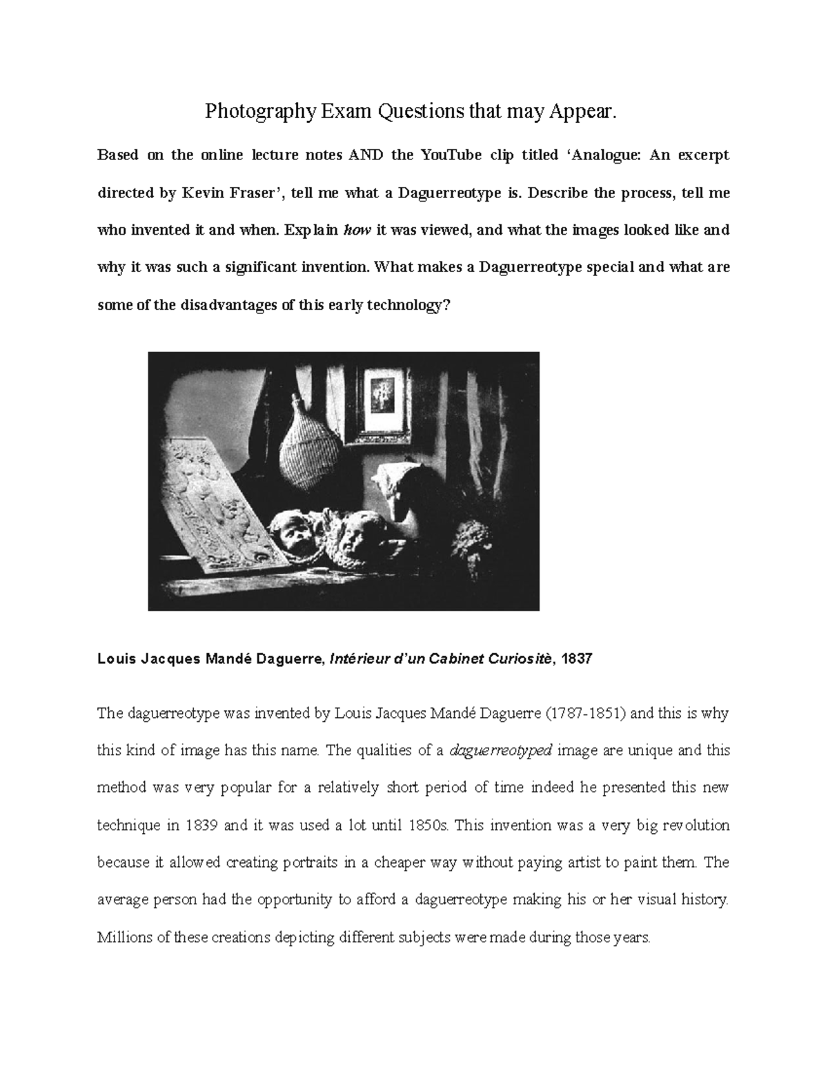 Photography Final Exam Photography Exam Questions that may Appear