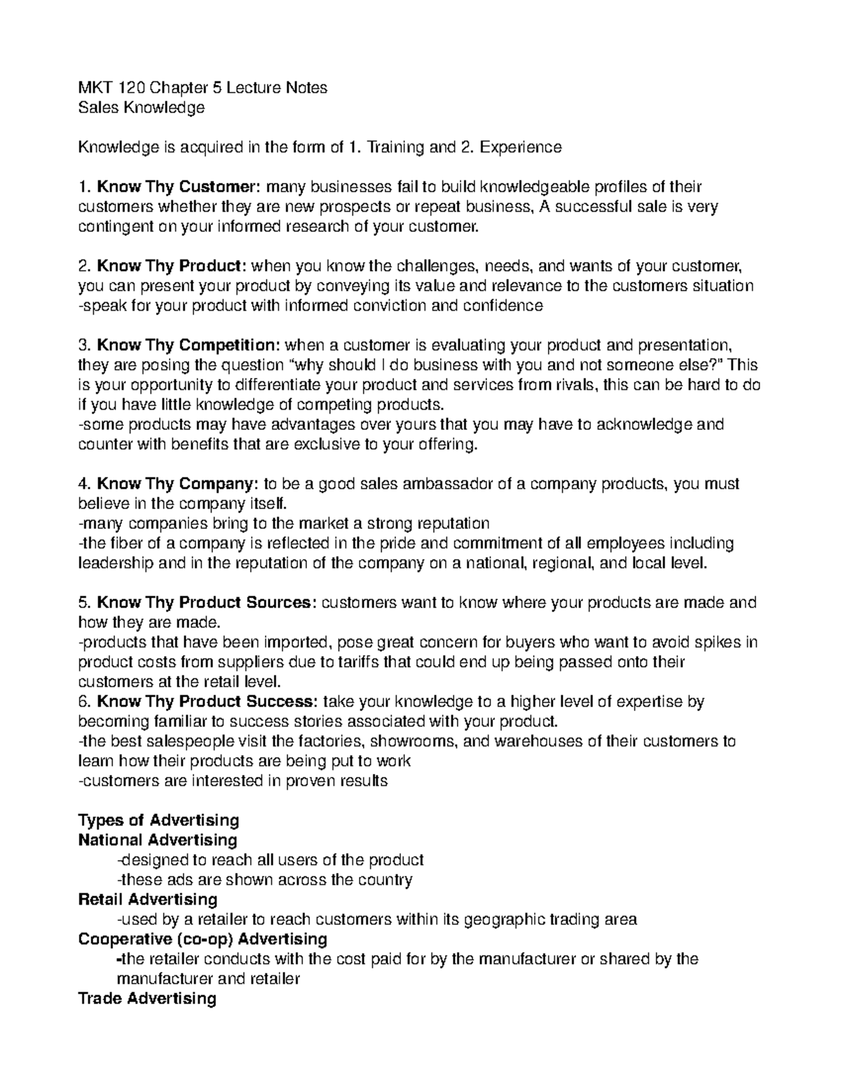 MKT 120 Chapter 5 Lecture Notes - MKT 120 Chapter 5 Lecture Notes Sales ...