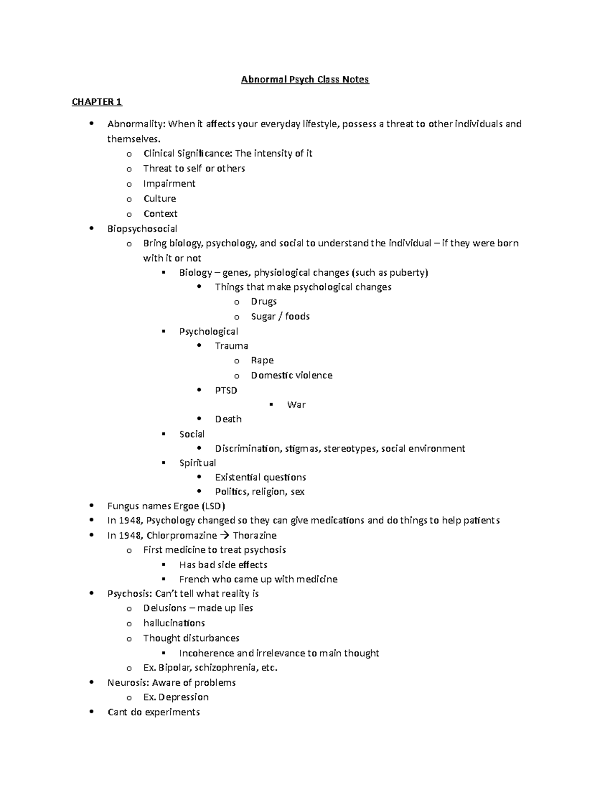 Abnormal Psych Class Notes - Abnormal Psych Class Notes CHAPTER 1 ...