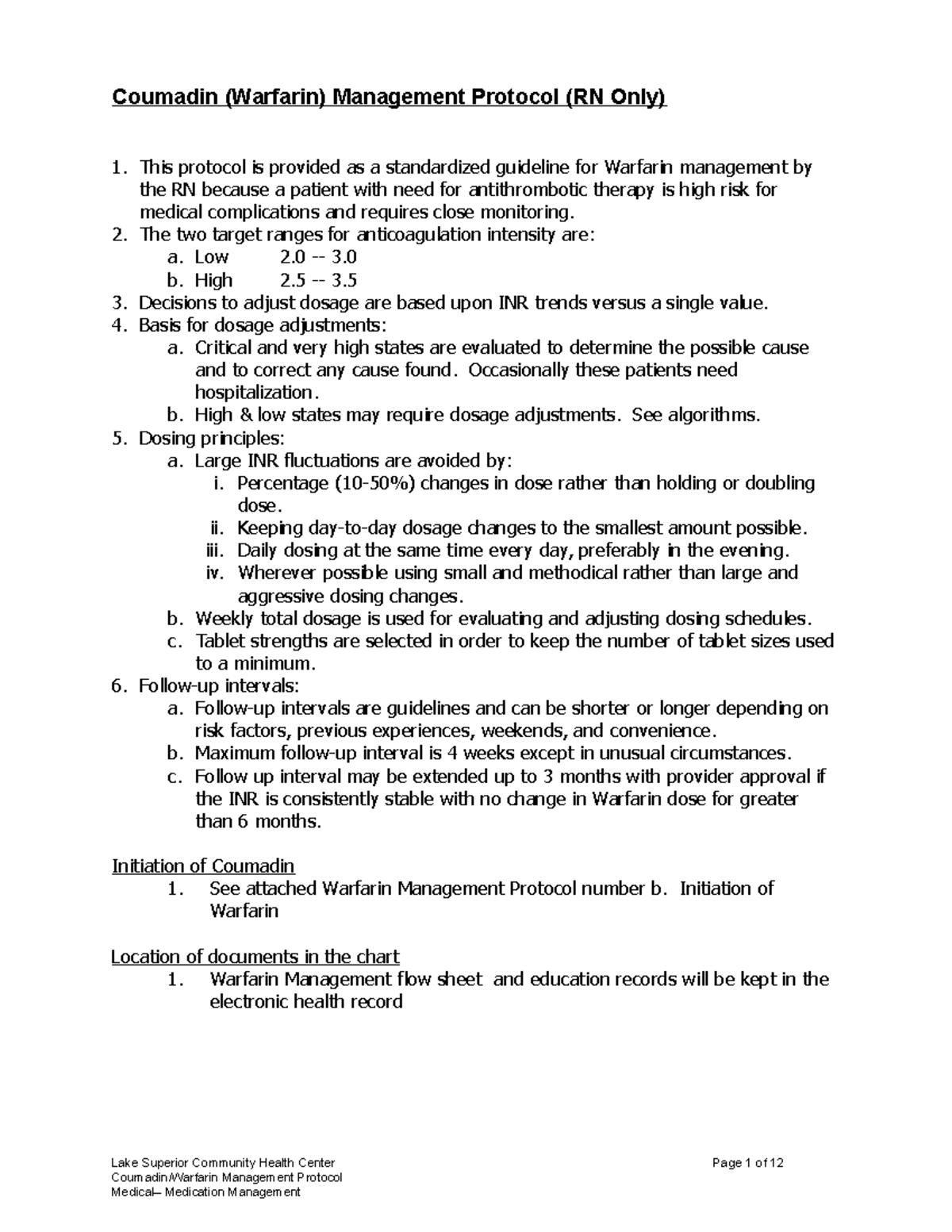 Coumadin Management Chart