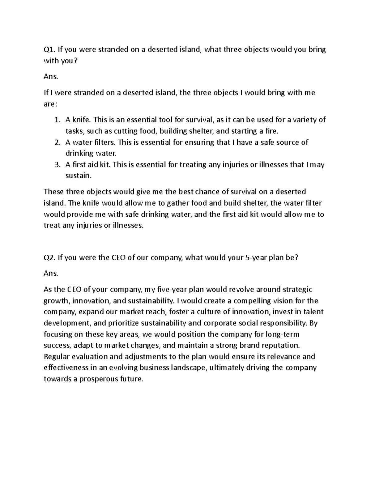 Interview questions - Experiment for CV - Q1. If you were stranded on a ...