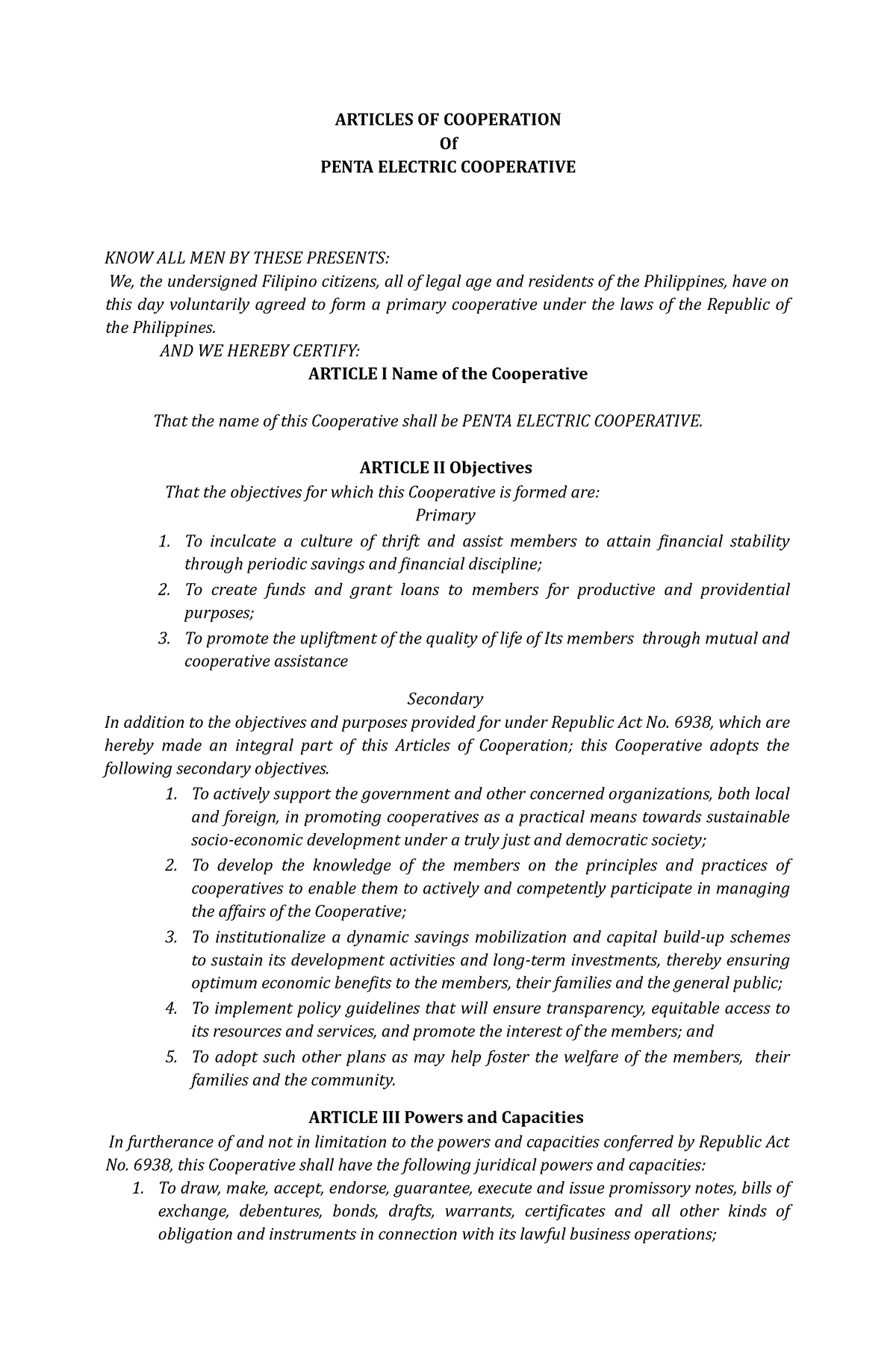 Articles OF Cooperation with Notarial Acknowledgement and Treasurer's ...