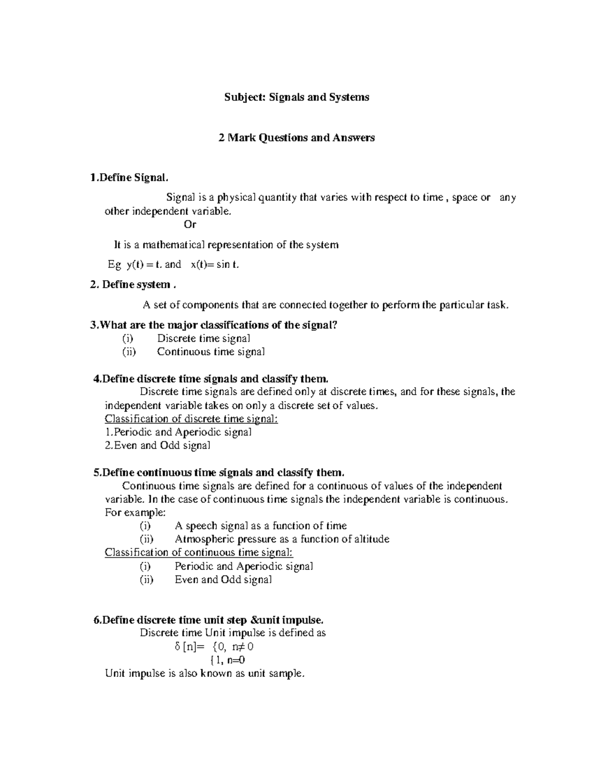 S & S TWO Marks Q&A - Notes - Subject code: EC Subject: Signals and ...