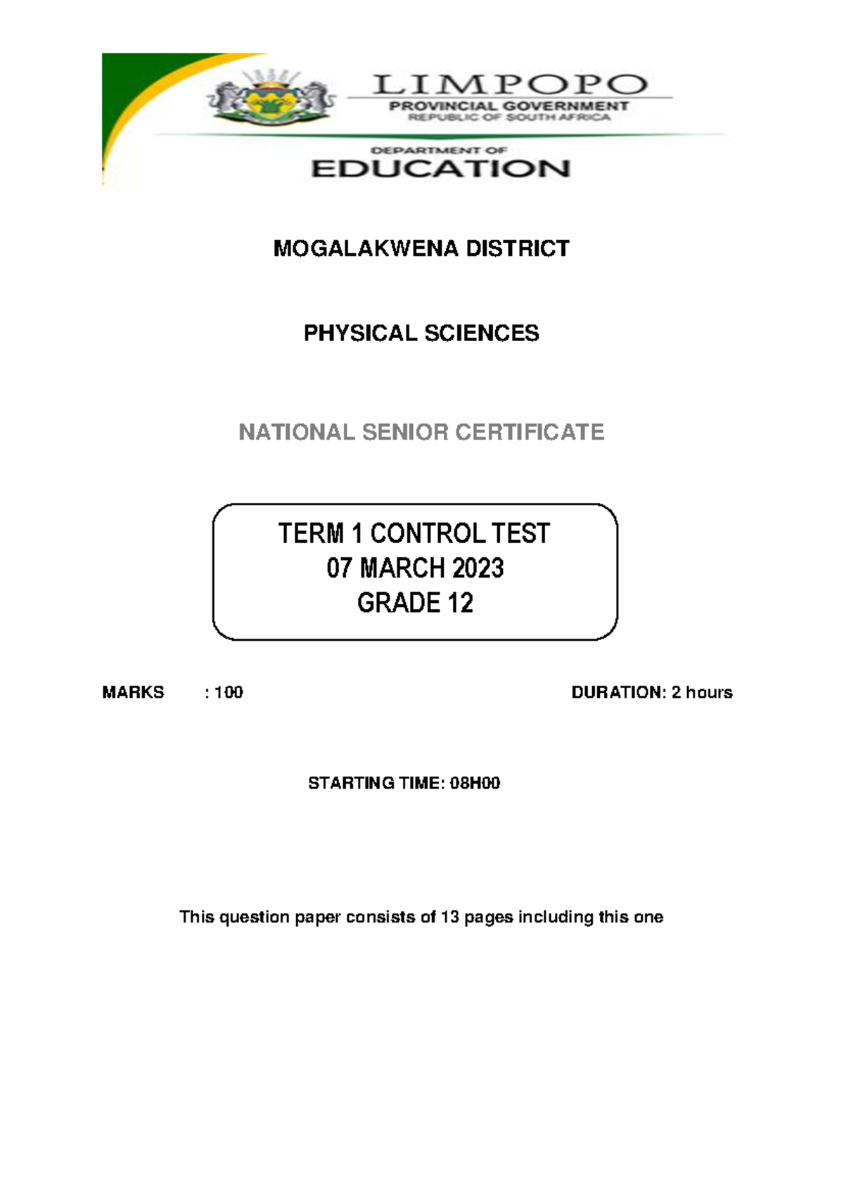 Arch2023 G12 PHSC TERM 1 Control TEST - MOGALAKWENA DISTRICT PHYSICAL ...