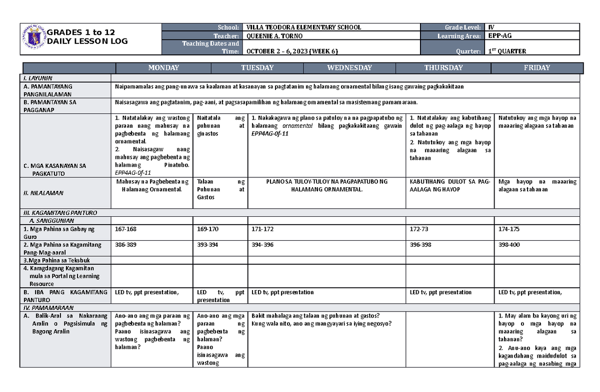 DLL EPP-AG 4 Q1 W6 - DLL elem - GRADES 1 to 12 DAILY LESSON LOG School ...