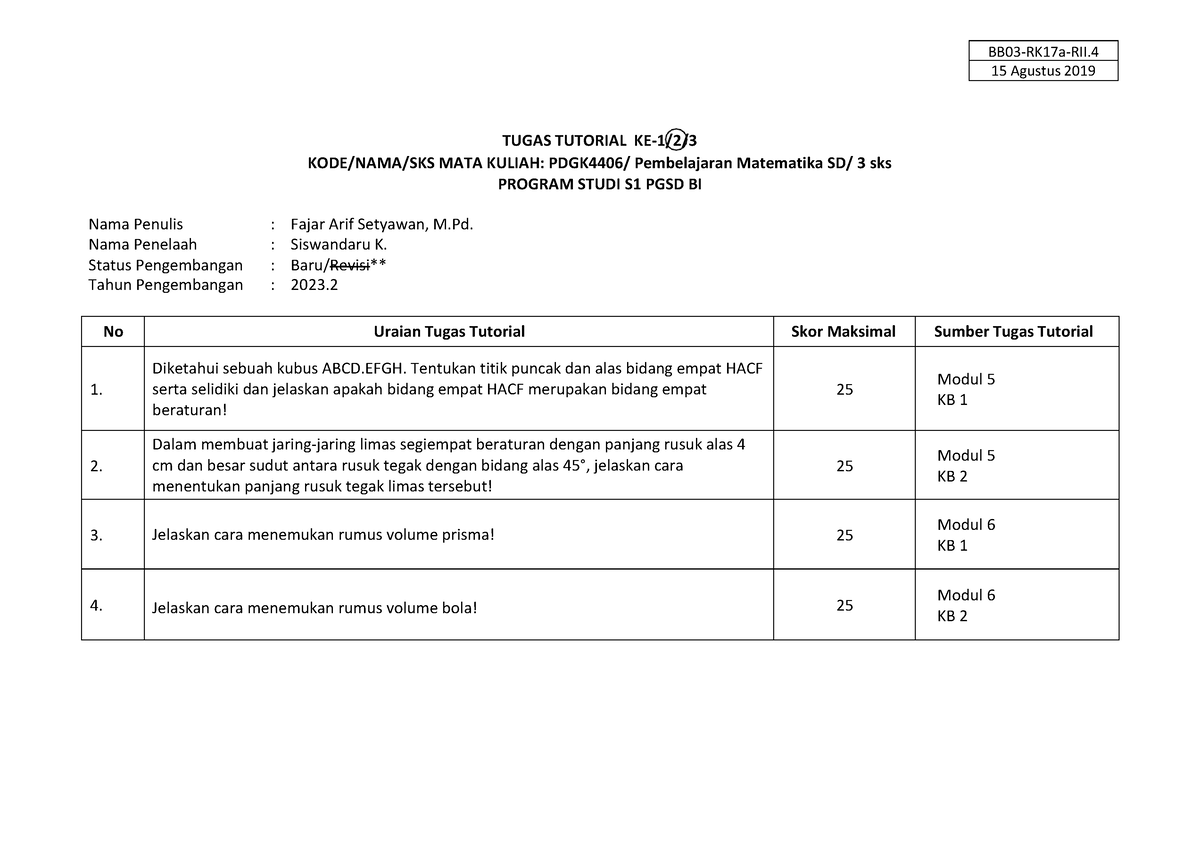 (NEW) TT 2 PDGK4406 - BB03-RK17a-RII. 15 Agustus 2019 TUGAS TUTORIAL KE ...