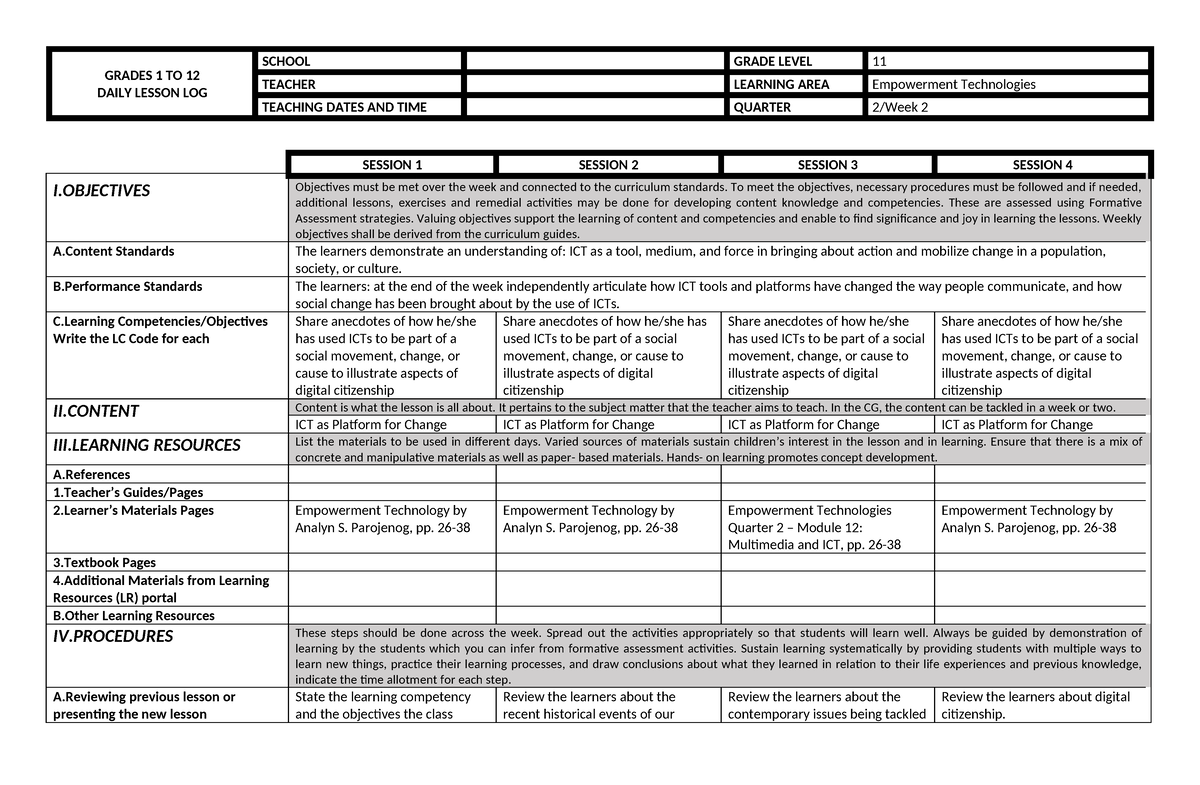 ET Q2 W2 - Daily Lesson Log - GRADES 1 TO 12 DAILY LESSON LOG SCHOOL ...