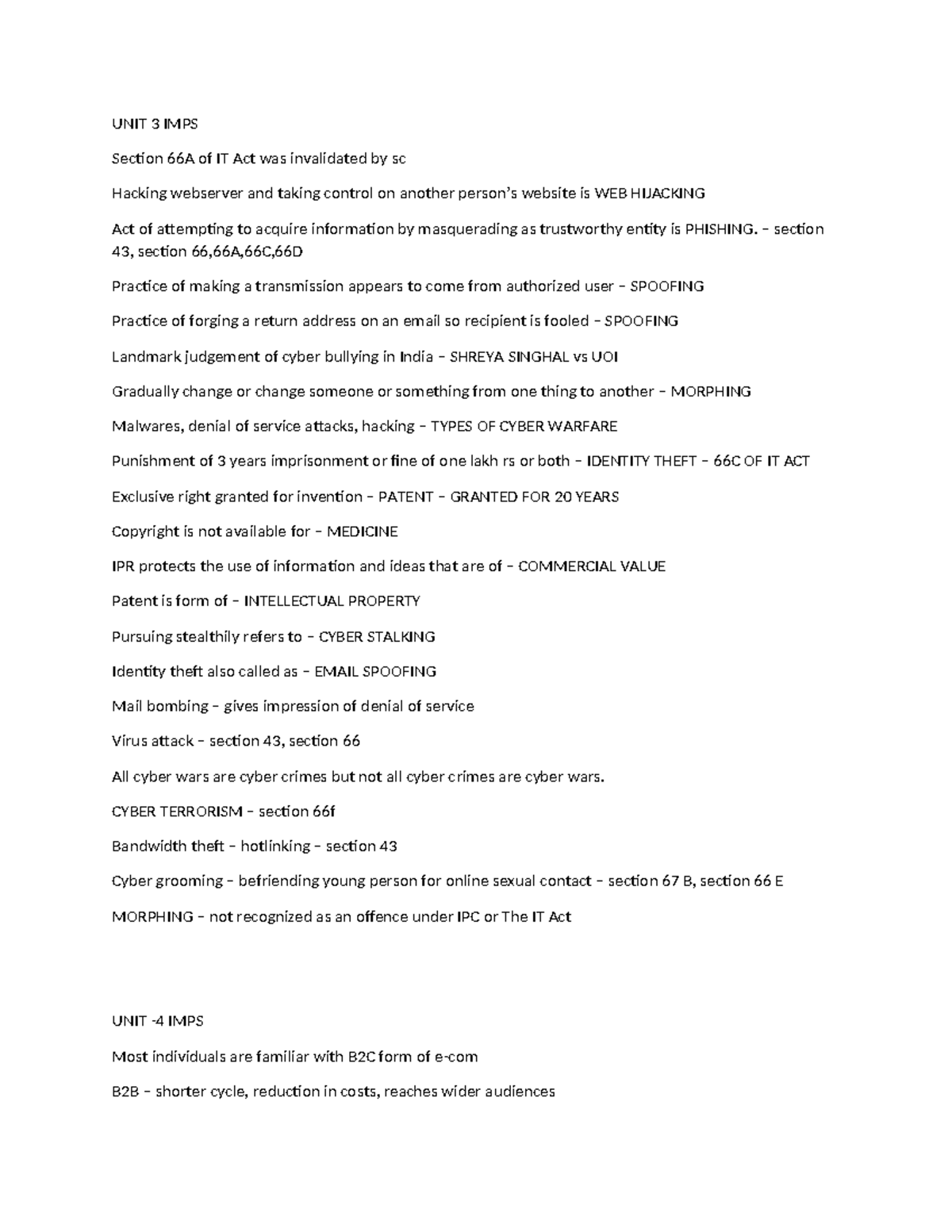 Unit 3 and 4 imp q - UNIT 3 IMPS Section 66A of IT Act was invalidated ...