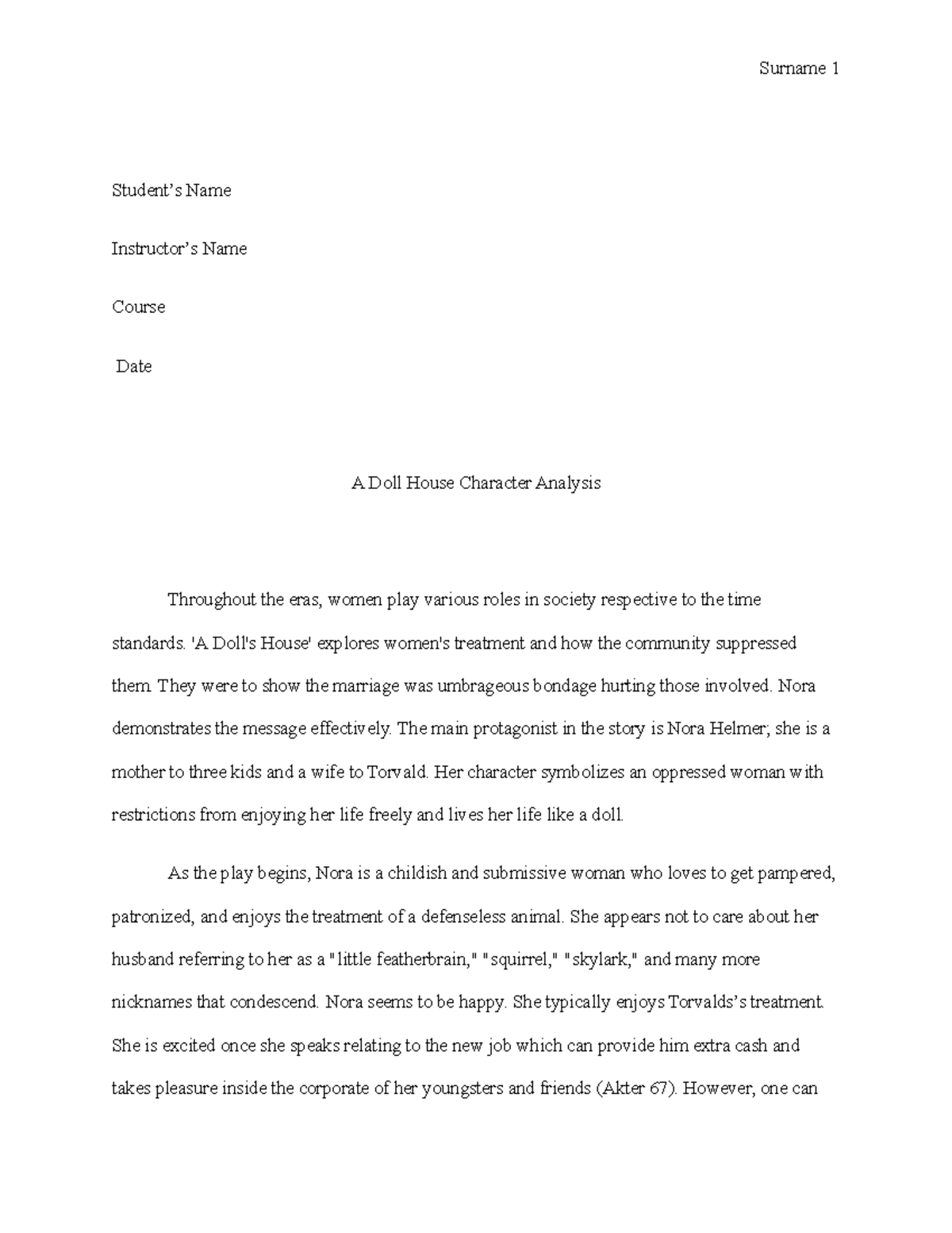 A Doll House Character Analysis Edited Student’s Name Instructor’s