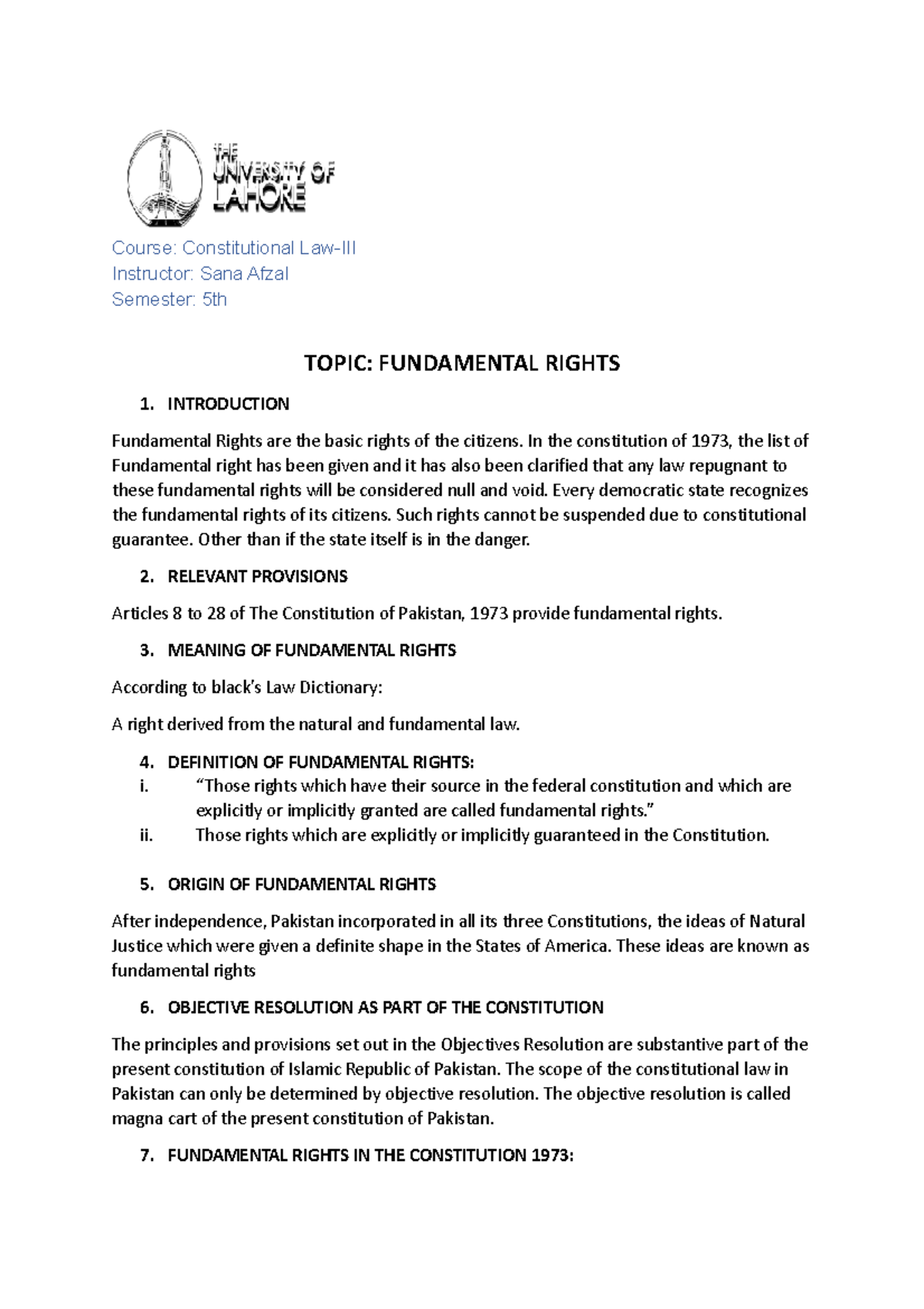 Topic. Fundamental Rights - Course: Constitutional Law-III Instructor ...
