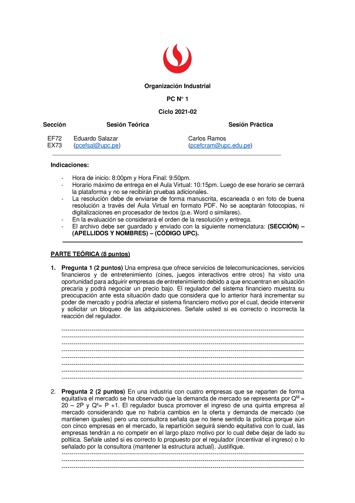 PC N° 1 (2021-2) Jueves - Examen Pc1 Para Practicar - Organización ...