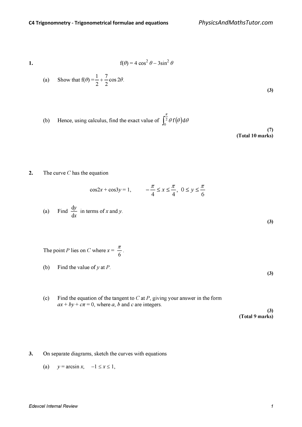 C4 Trigonomnetry - Trigonometrical formulae and equations - 1. f( θ ...