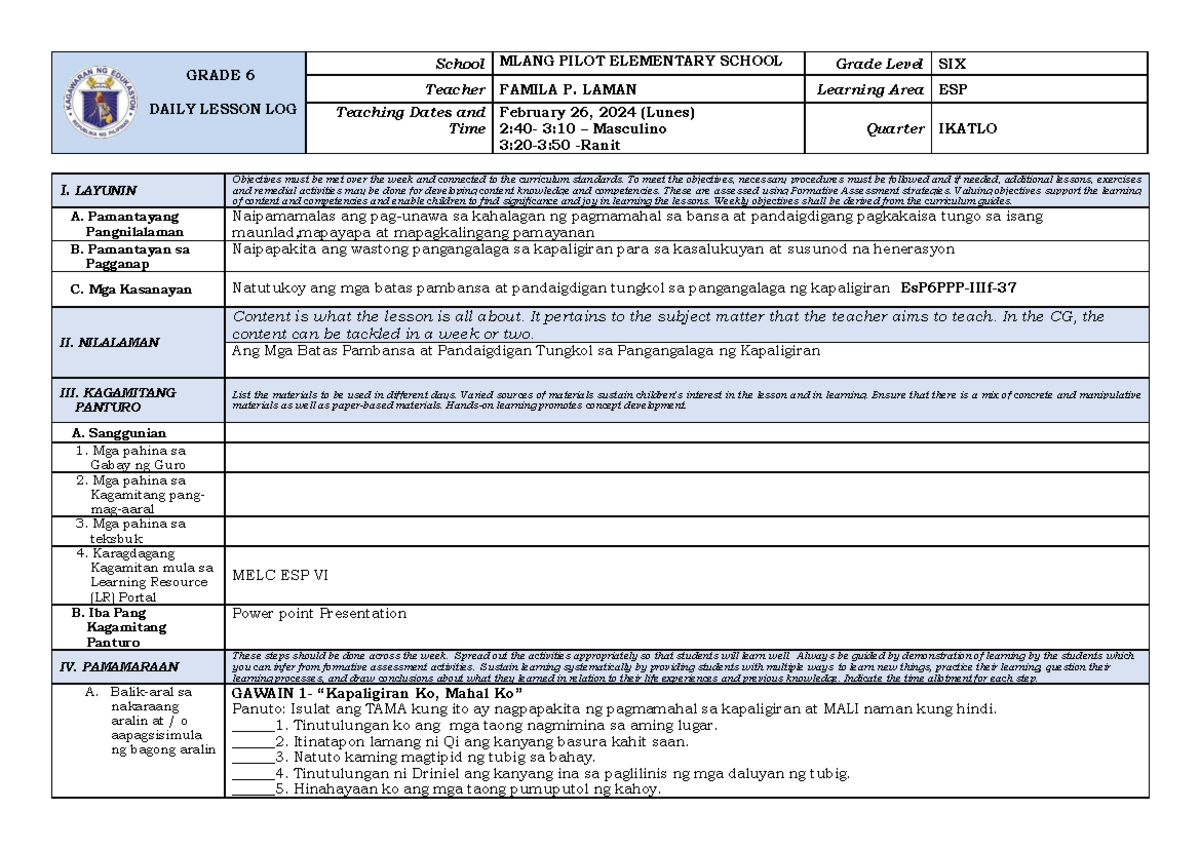 ESP6- Feb 26, 2024 final - GRADE 6 DAILY LESSON LOG School MLANG PILOT ...