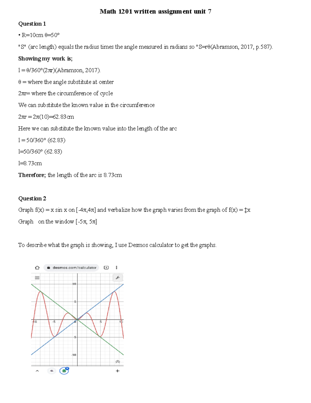 math 1201 written assignment unit 7