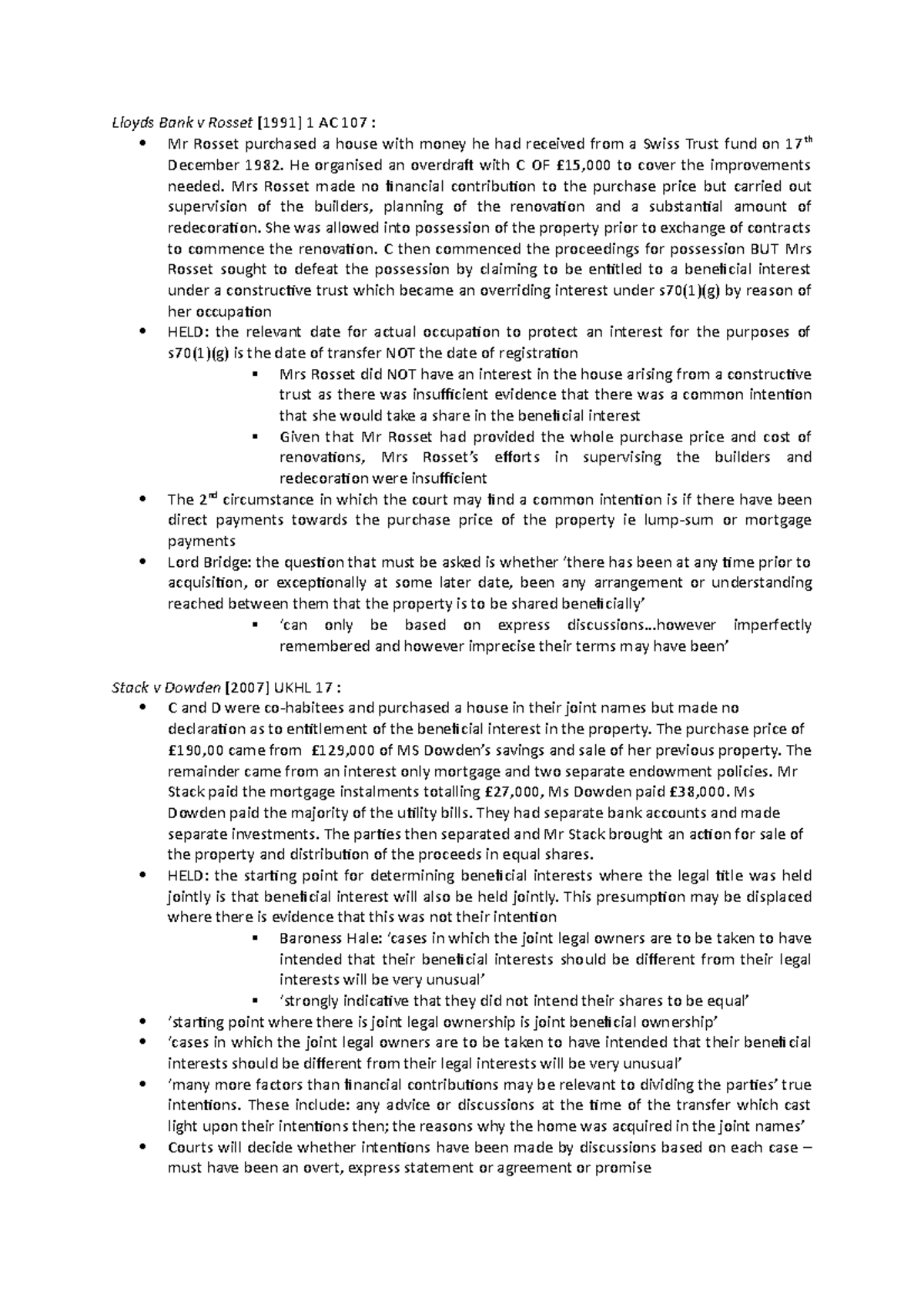 Land Law case summaries on Trusts in Land Lloyds Bank v Rosset [1991