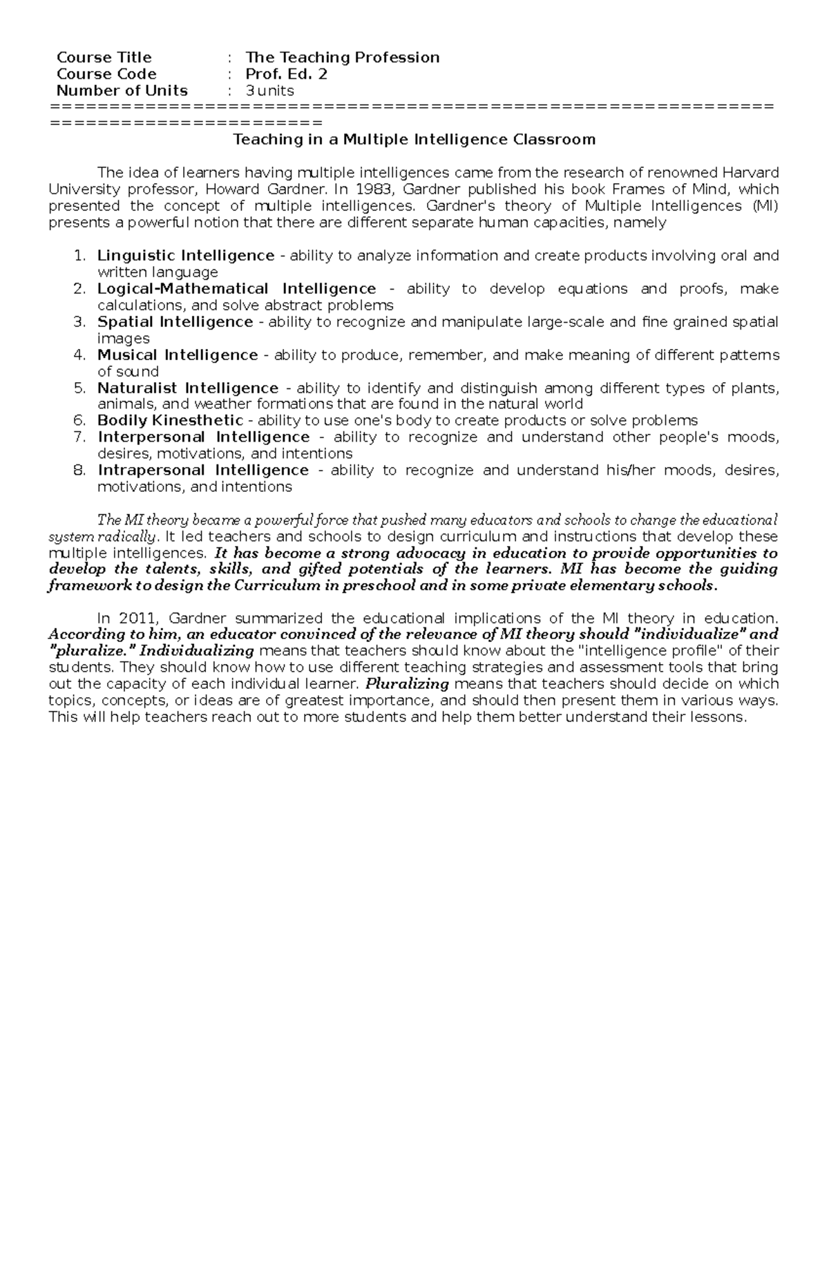Teaching in a Multiple Intelligence Classroom - Course Title : The ...