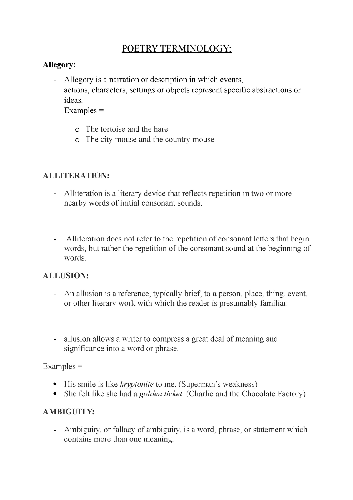 Poetry Terminology list for ENG 120 2021 - POETRY TERMINOLOGY: Allegory ...