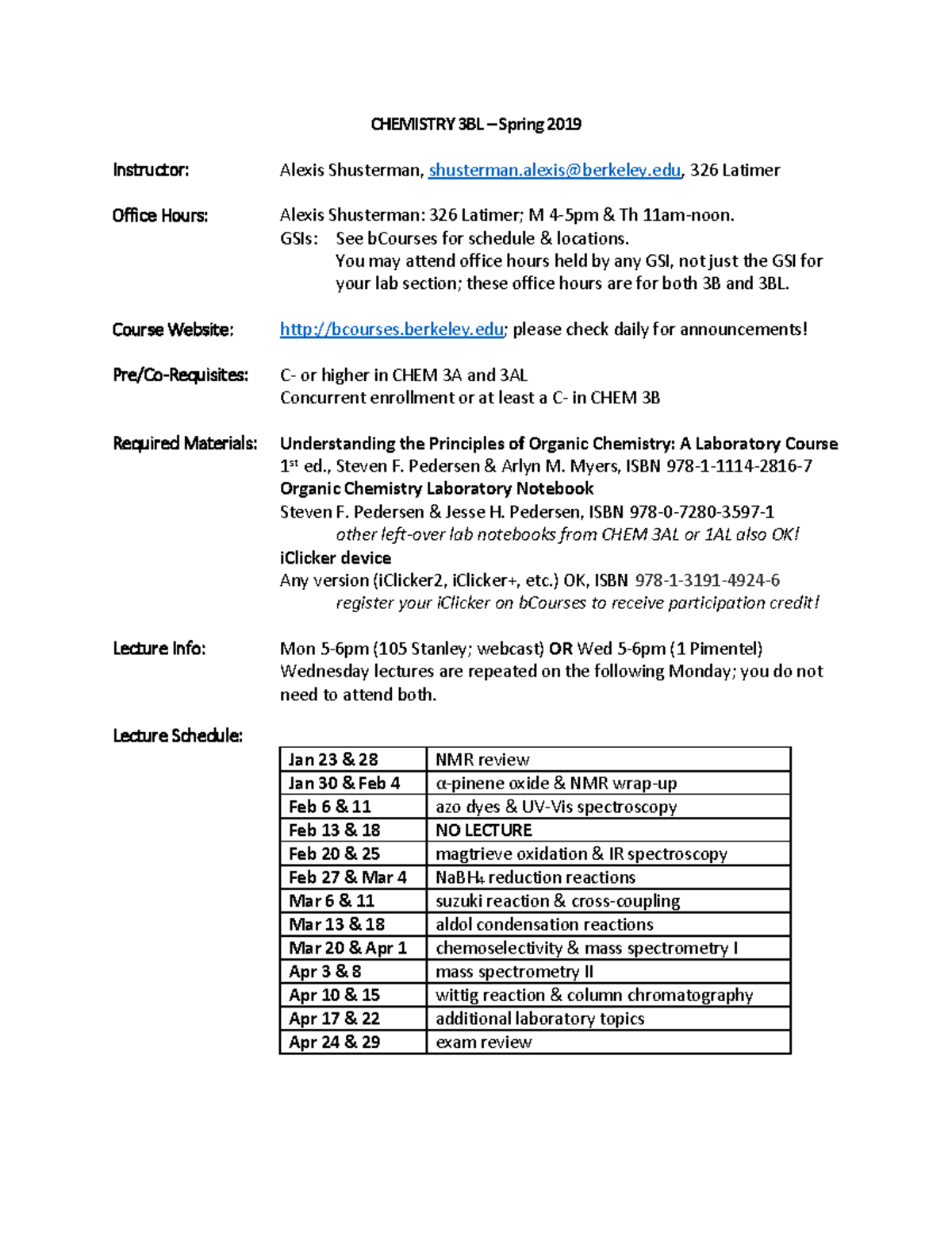 CHEM3BL Syllabus Spring 2019 - CHEMISTRY 3BL – Spring 2019 Instructor ...