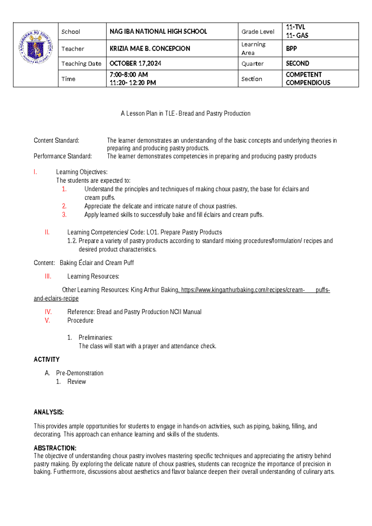 October 16 baking choux pastry School NAG IBA NATIONAL HIGH SCHOOL