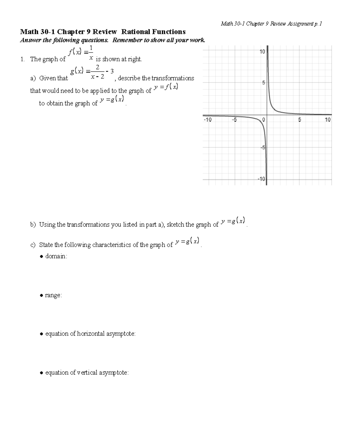 4. Chapter 9 Review (Rational Functions)DK - Math 30-1 Chapter 9 Review ...