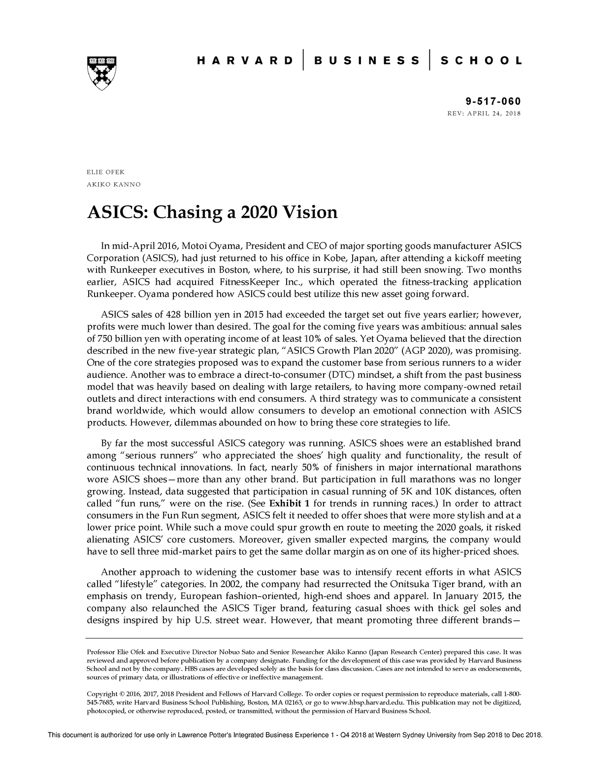 Asics-Chasing a 2020 Vision - ####### 9 5 1 7 - 0 6 R E V : A P R I L 4 2 0 1 8 Professor - Studocu