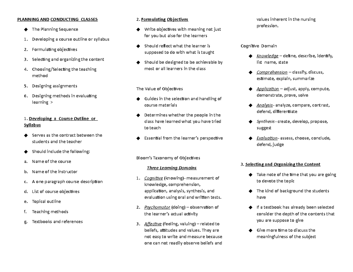 Planning AND Conducting Classes PLANNING AND CONDUCTING CLASSES The